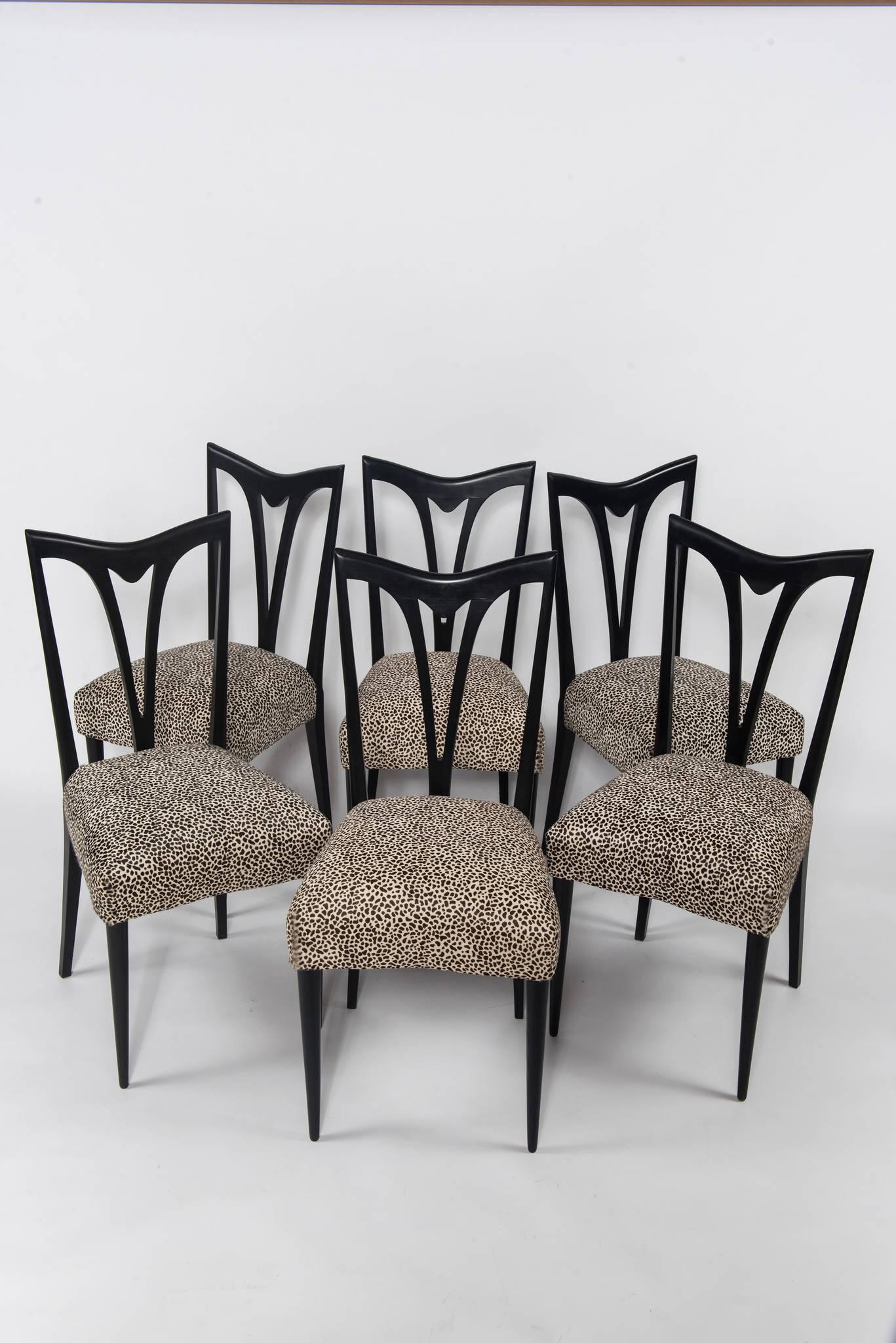 Set of Six Italian Ebonized Dining Chairs with Leopard Print Hair Hide Seats 1