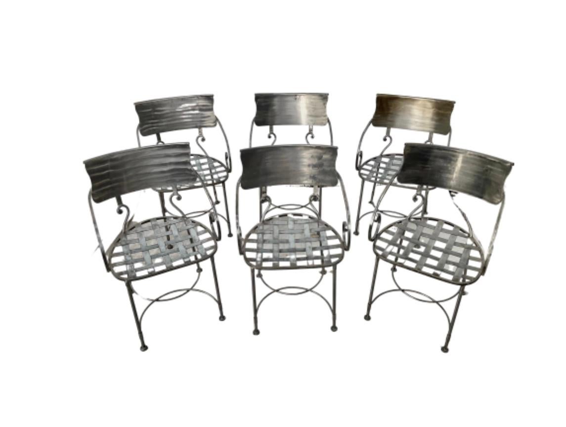 Set of Six Italian Hand Wrought Silver Steel Dining Armchairs For Sale 3