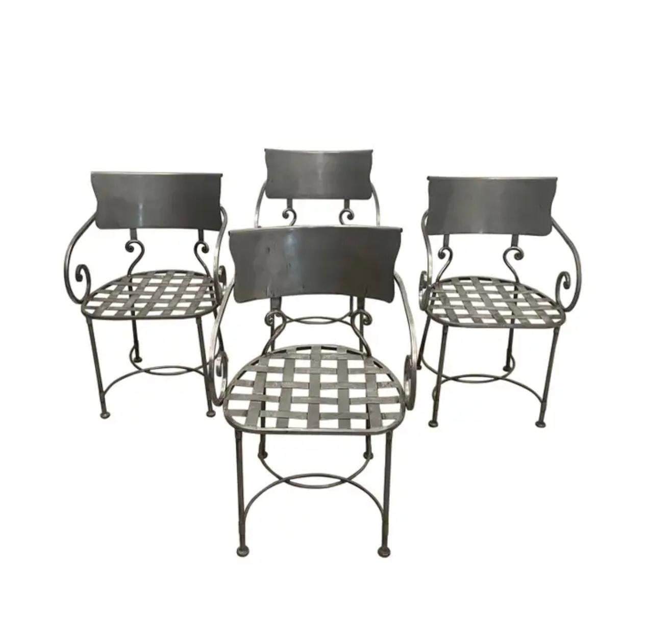 Neoclassical Set of Six Italian Hand Wrought Silver Steel Dining Armchairs For Sale