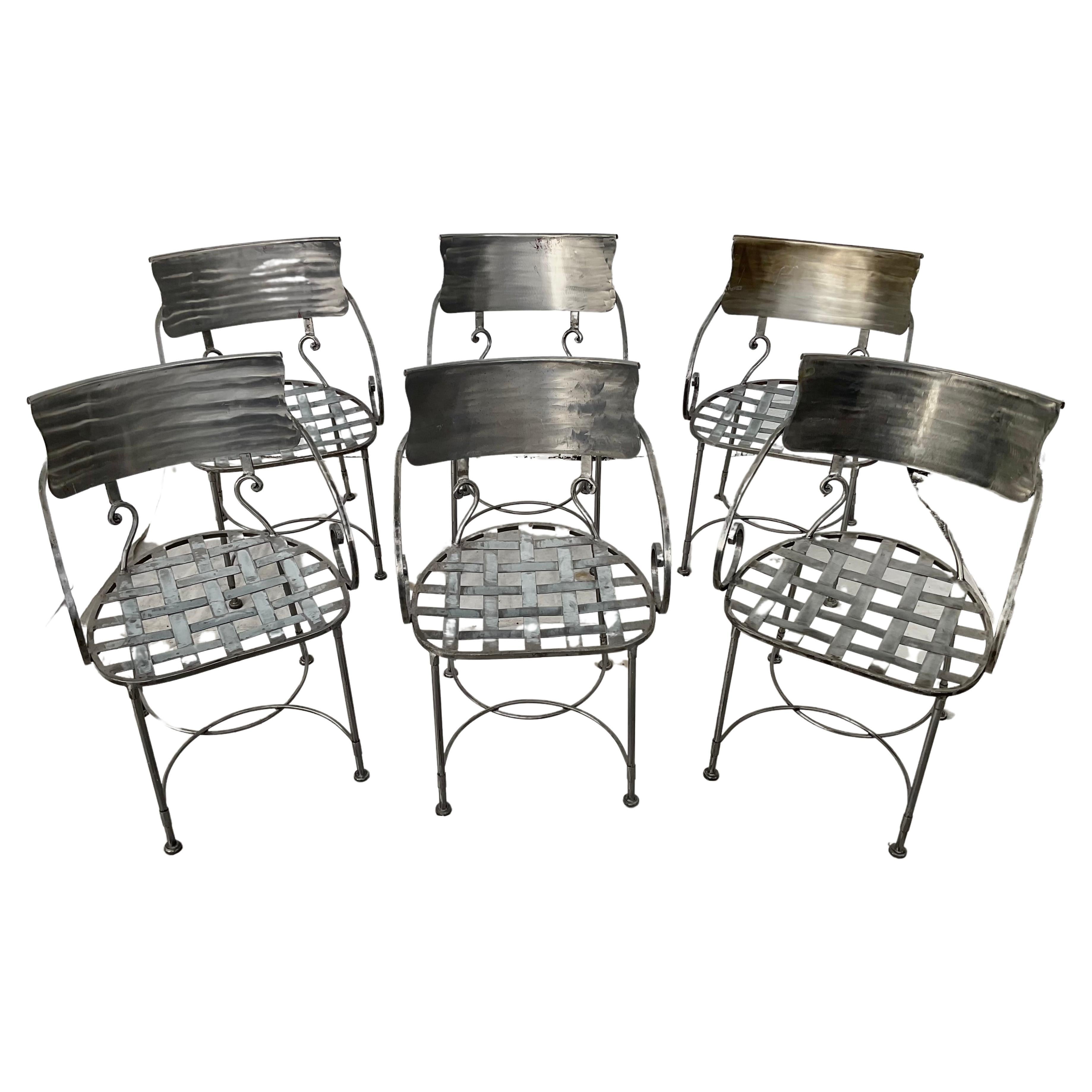 Set of Six Italian Hand Wrought Silver Steel Dining Armchairs For Sale