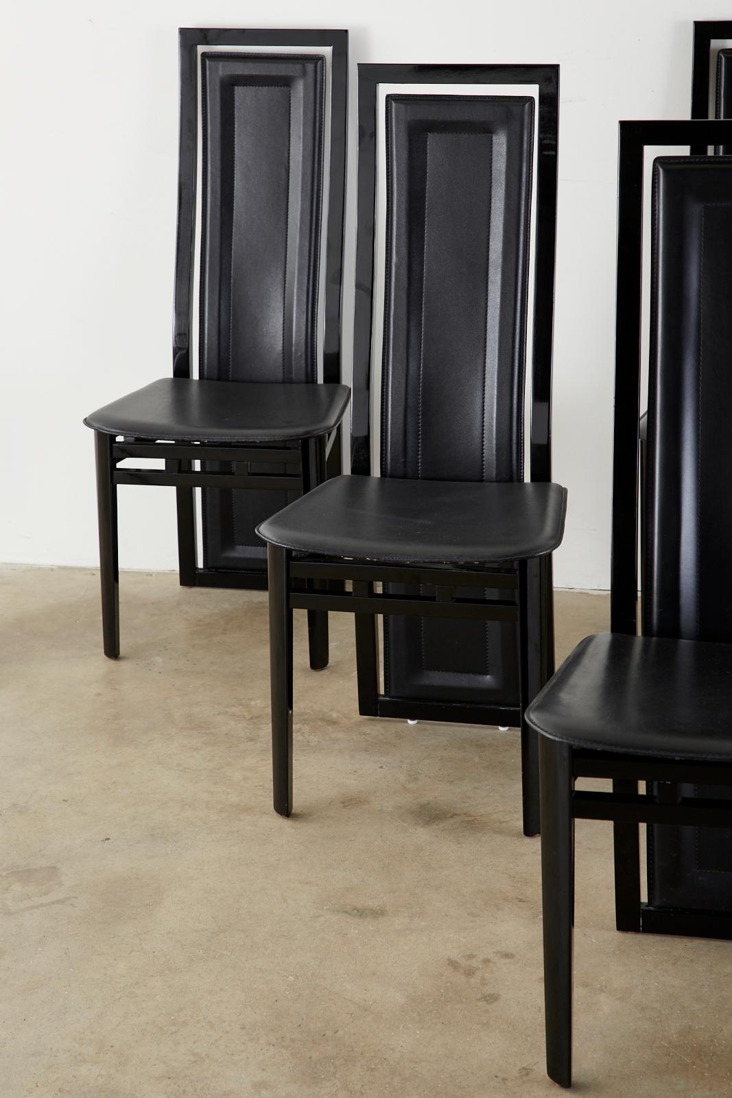 Hand-Crafted Set of Six Italian Lacquered Wood and Leather Modern Dining Chairs