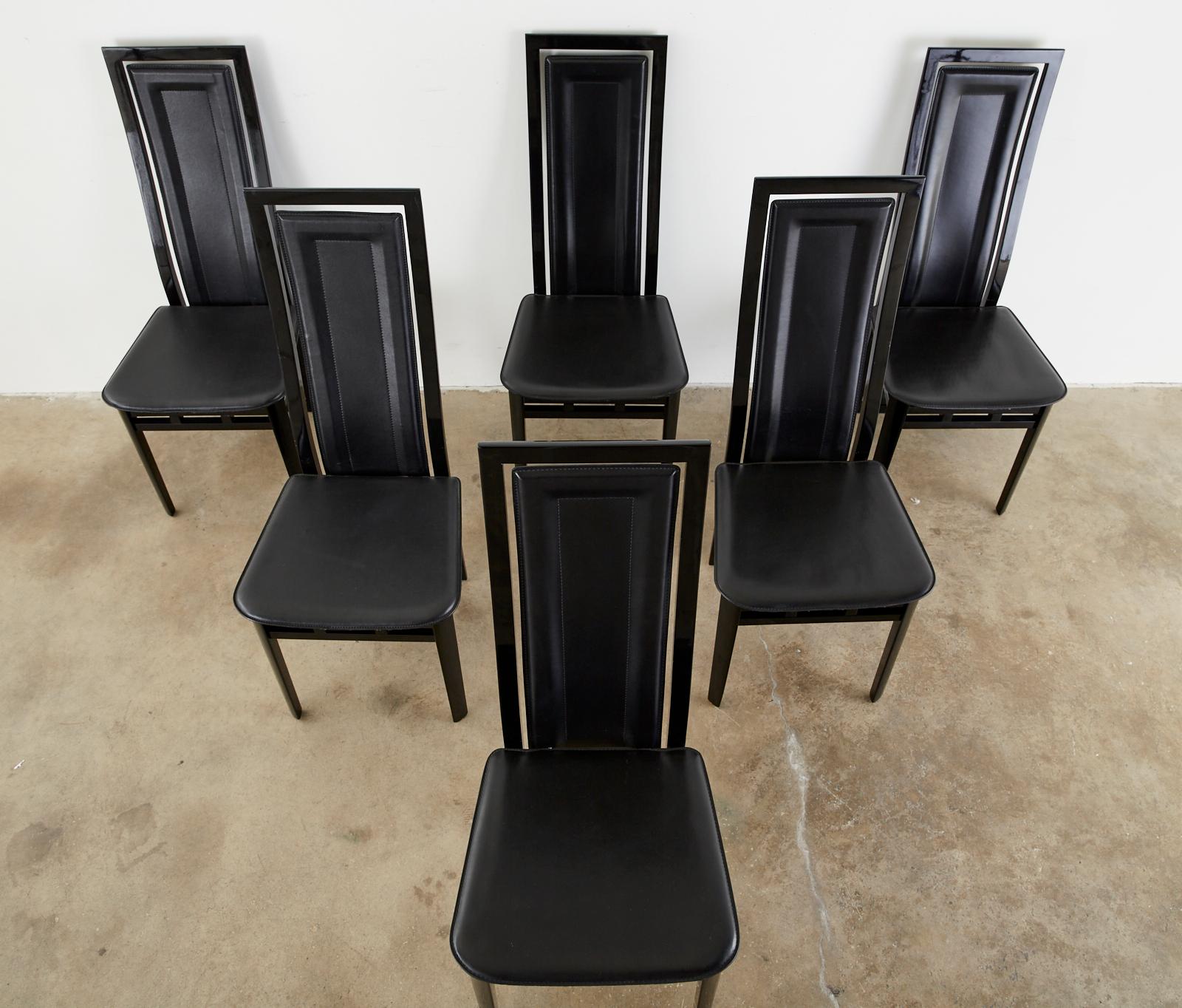 20th Century Set of Six Italian Lacquered Wood and Leather Modern Dining Chairs