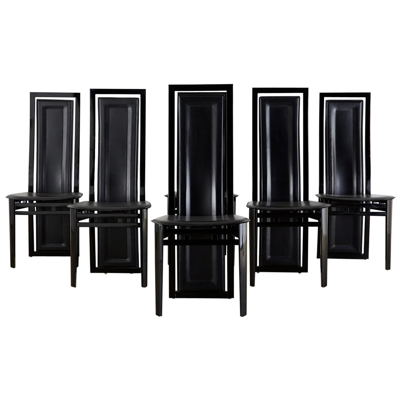 Set of Six Italian Lacquered Wood and Leather Modern Dining Chairs