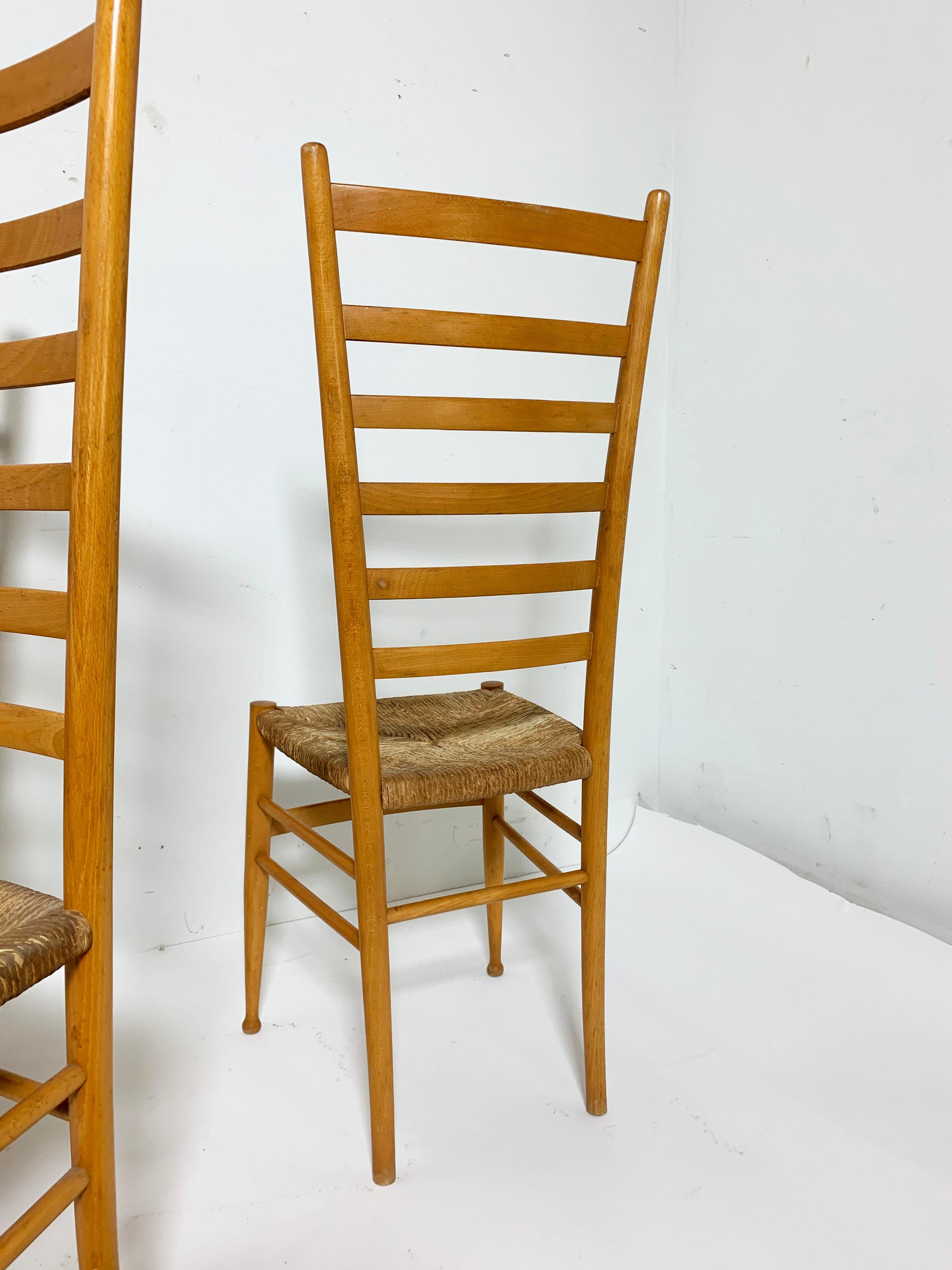 Rush Set of Six Italian Ladder Back Dining Chairs after Gio Ponti For Sale