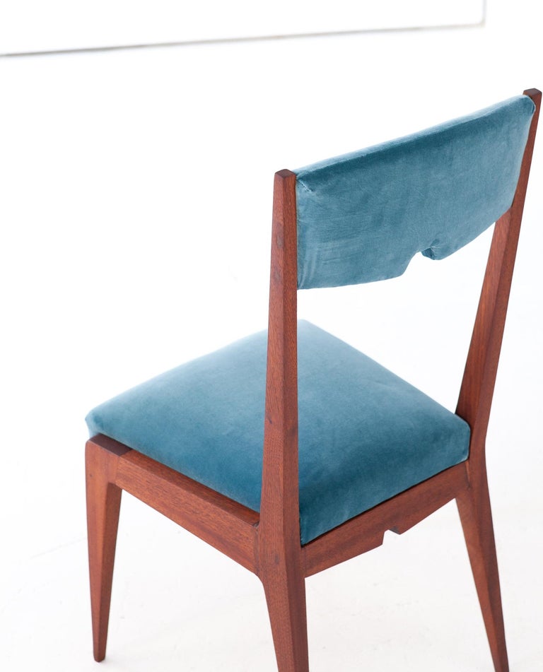 Set Of Six Italian Light Blue Velvet And Mahogany Dining Chairs 1950s