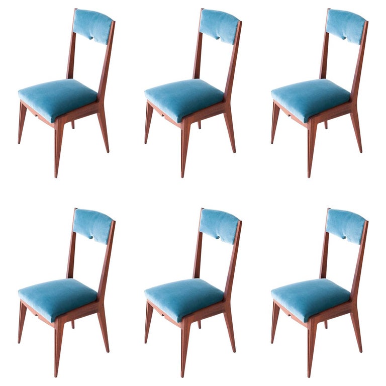Set Of Six Italian Light Blue Velvet And Mahogany Dining Chairs 1950s