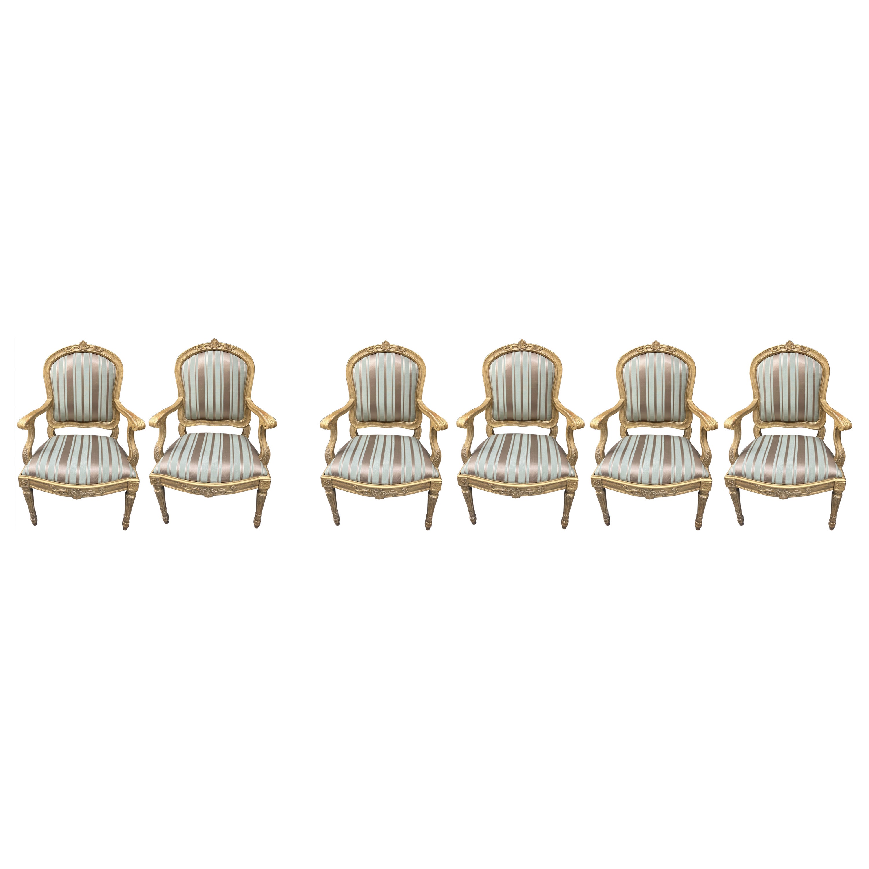 Lot de six  Fauteuils italiens Louis XVI en bois doré, tissu en soie Florentine en vente