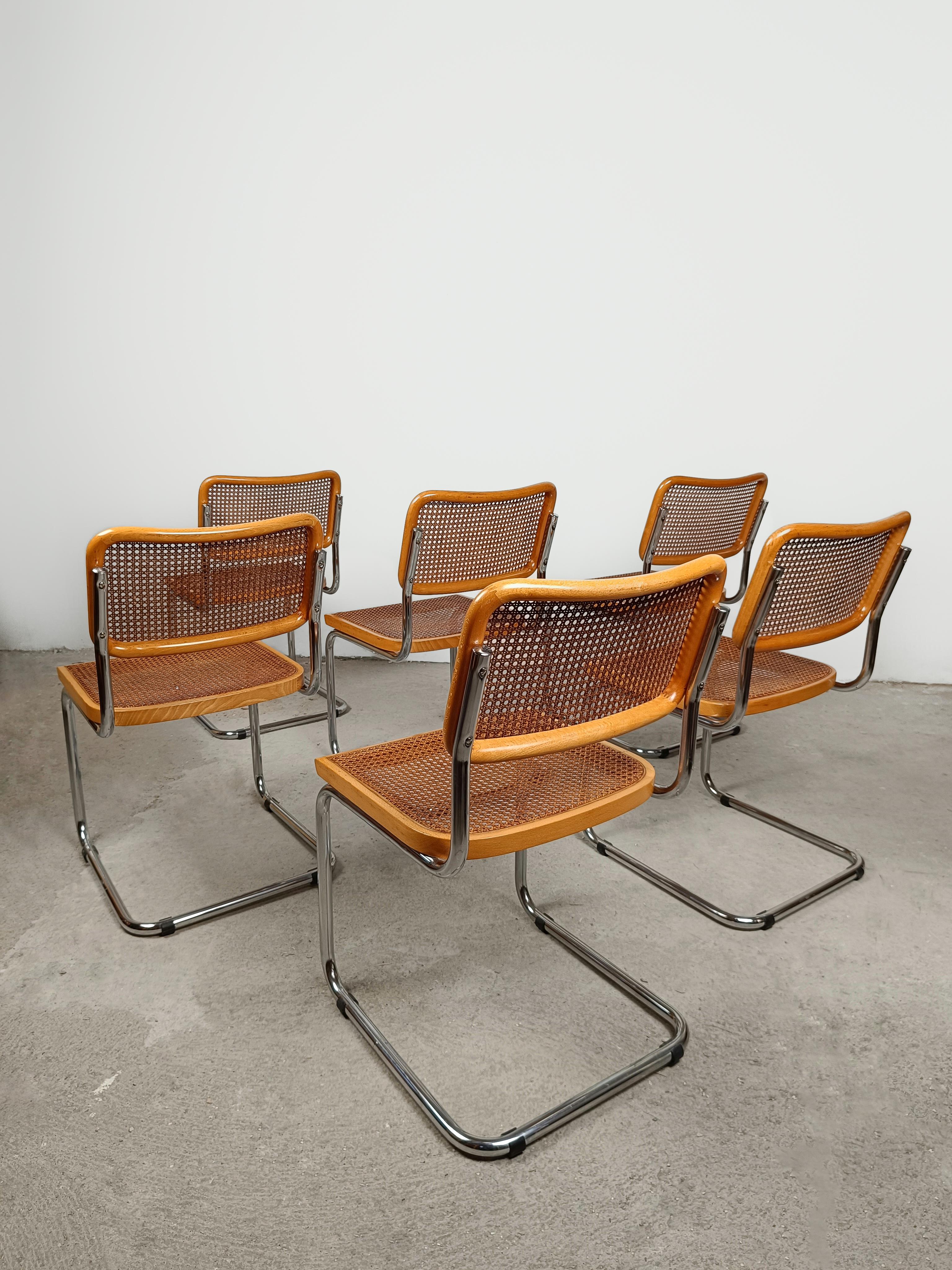 Mid-Century Modern Ensemble de six chaises Cesca italiennes du milieu du siècle en bois de paille et de hêtre de Vienne, années 70