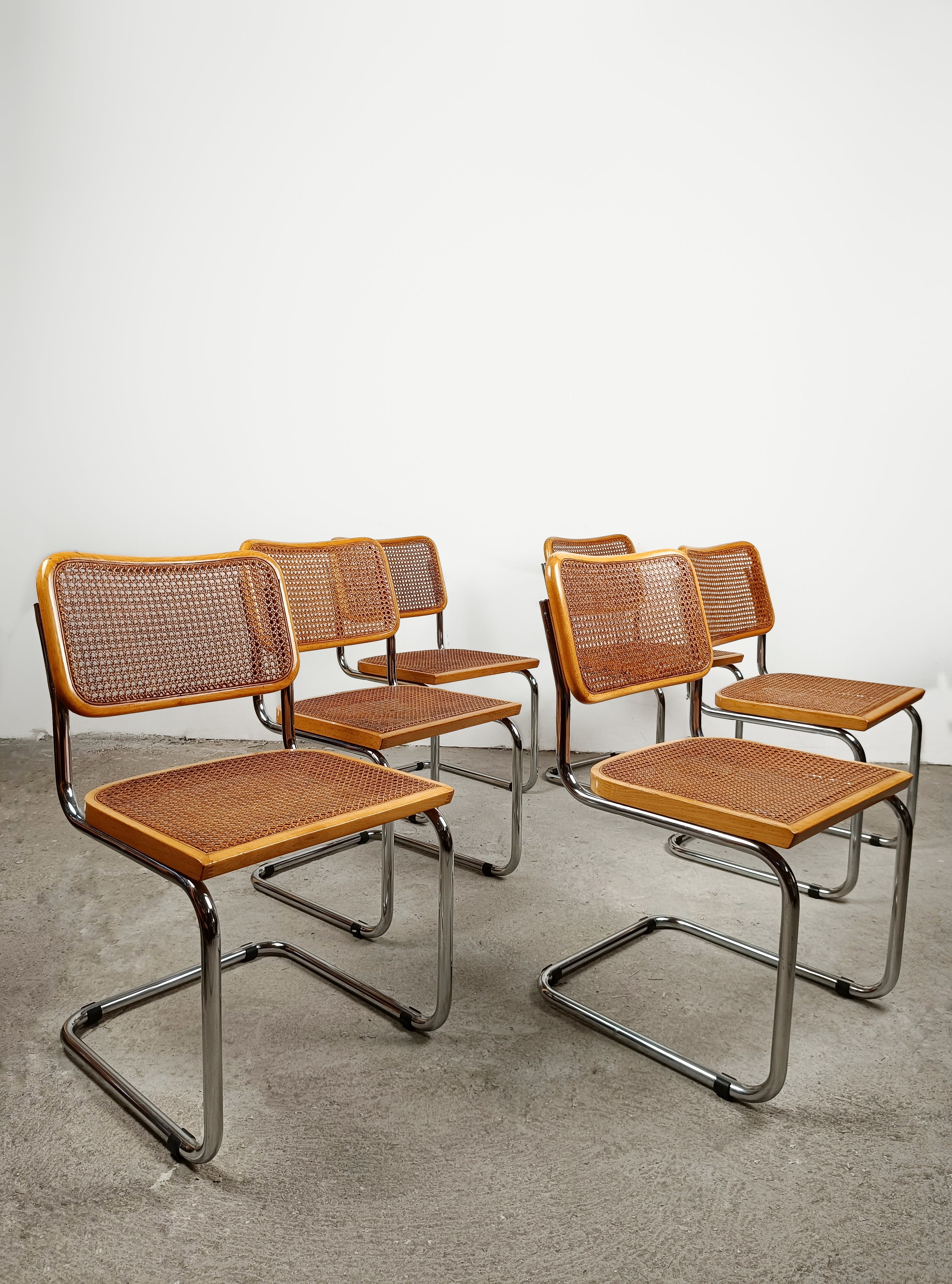 20ième siècle Ensemble de six chaises Cesca italiennes du milieu du siècle en bois de paille et de hêtre de Vienne, années 70