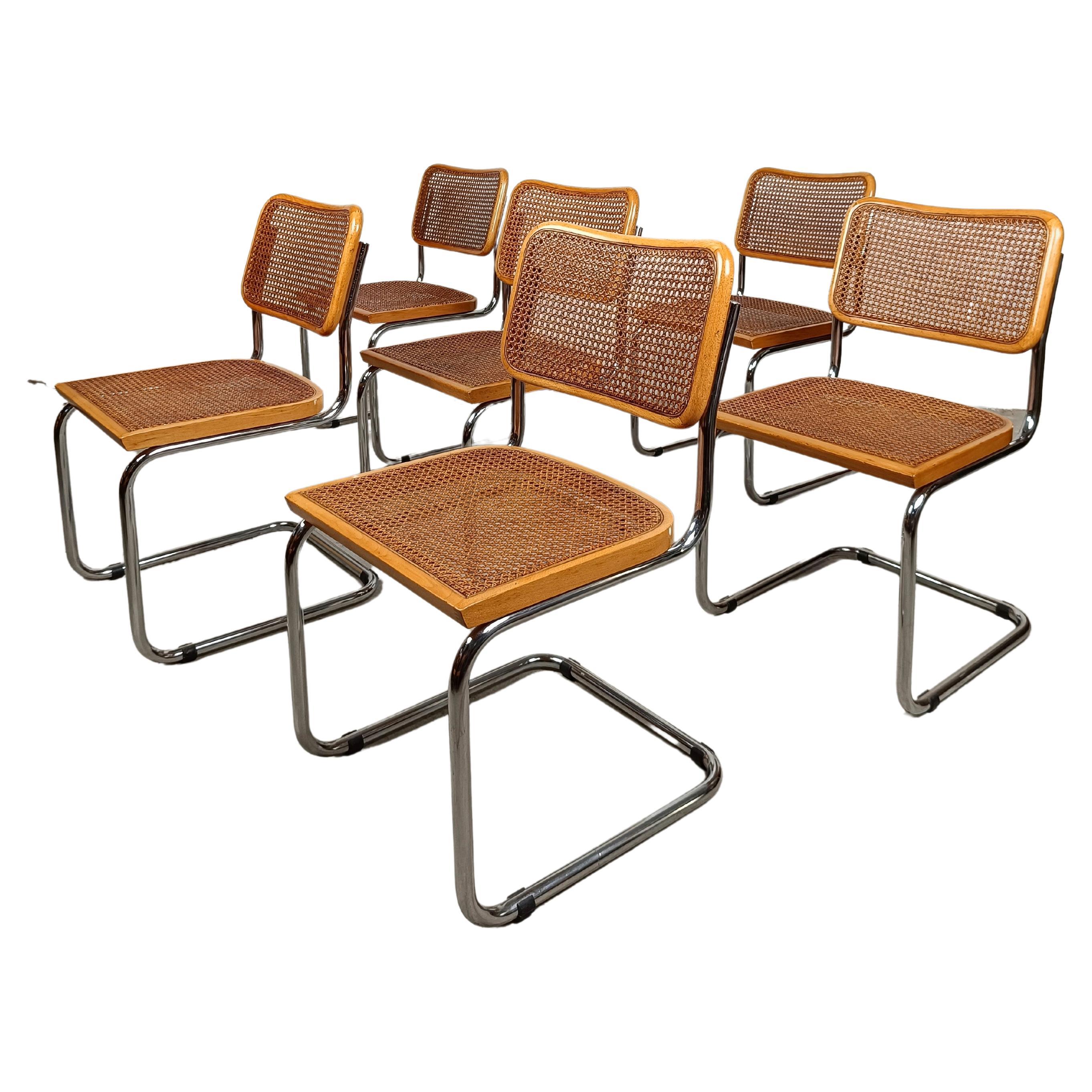 Ensemble de six chaises Cesca italiennes du milieu du siècle en bois de paille et de hêtre de Vienne, années 70