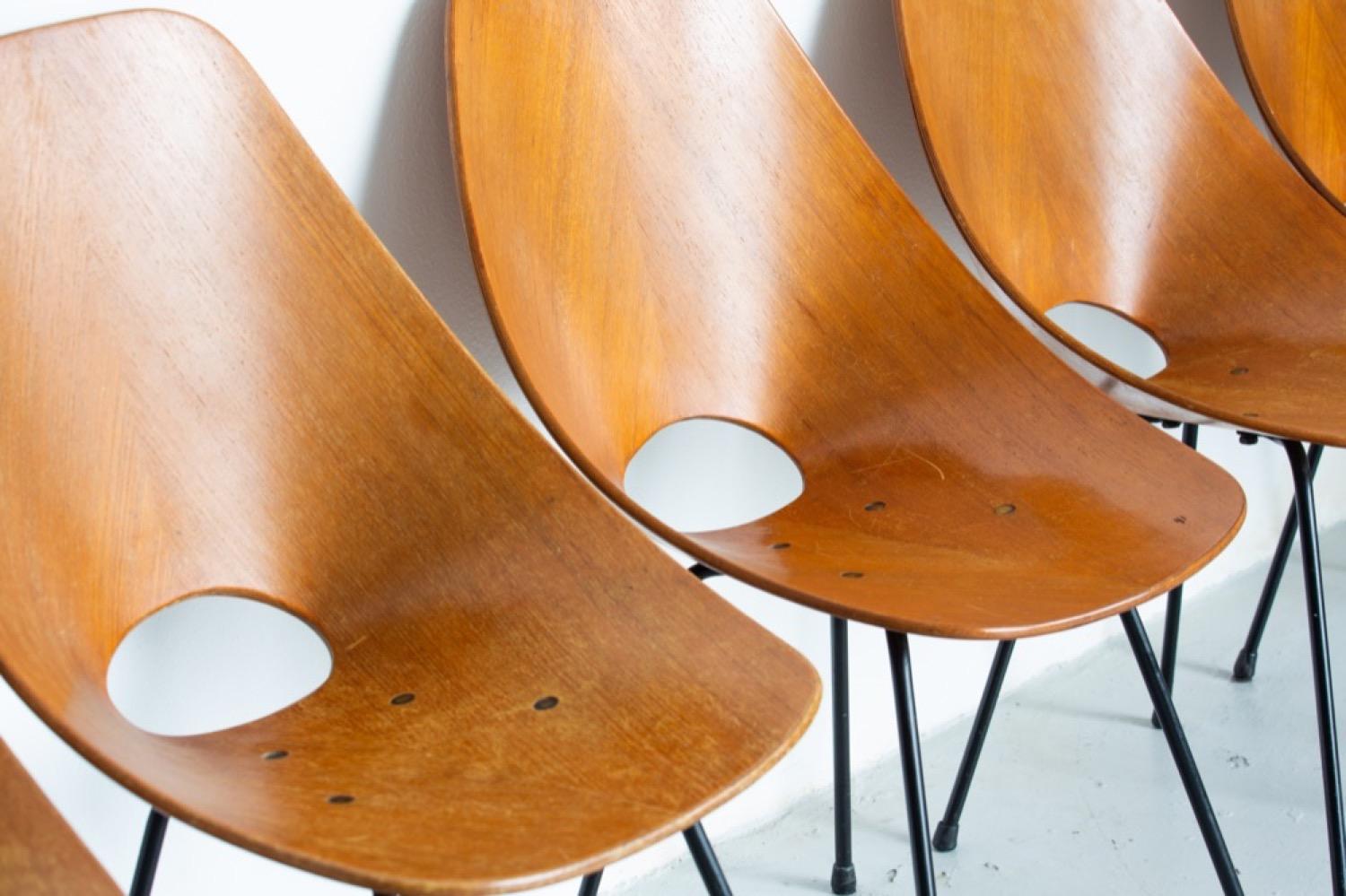 Mid-Century Modern Ensemble de six chaises de salle à manger italiennes de collection Medea Wood du milieu du siècle dernier par Tagliabue en vente