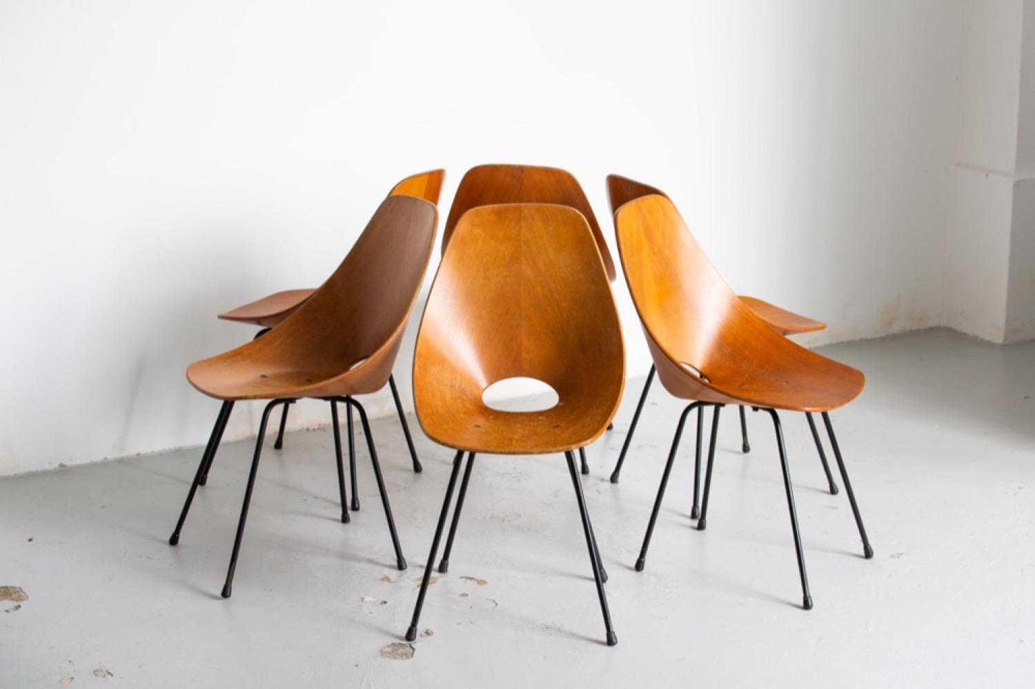 Set of six Italian Mid Century Collectible Medea Wood Dining Chairs by Tagliabue In Good Condition For Sale In Milano, IT