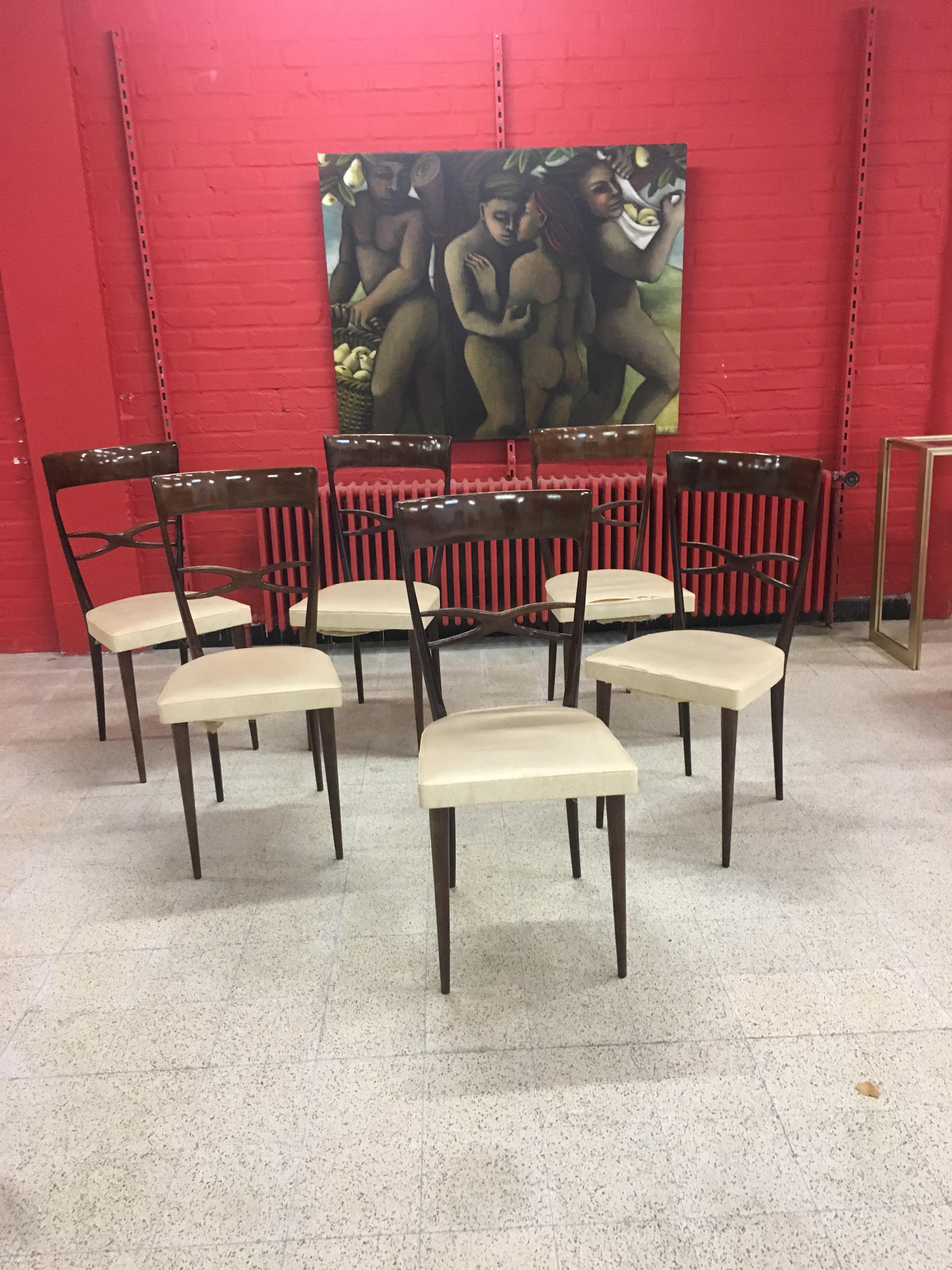 Faux Leather Set of Six Italian Midcentury Beech Dining Chairs by Consorzio Sedie Friuli For Sale