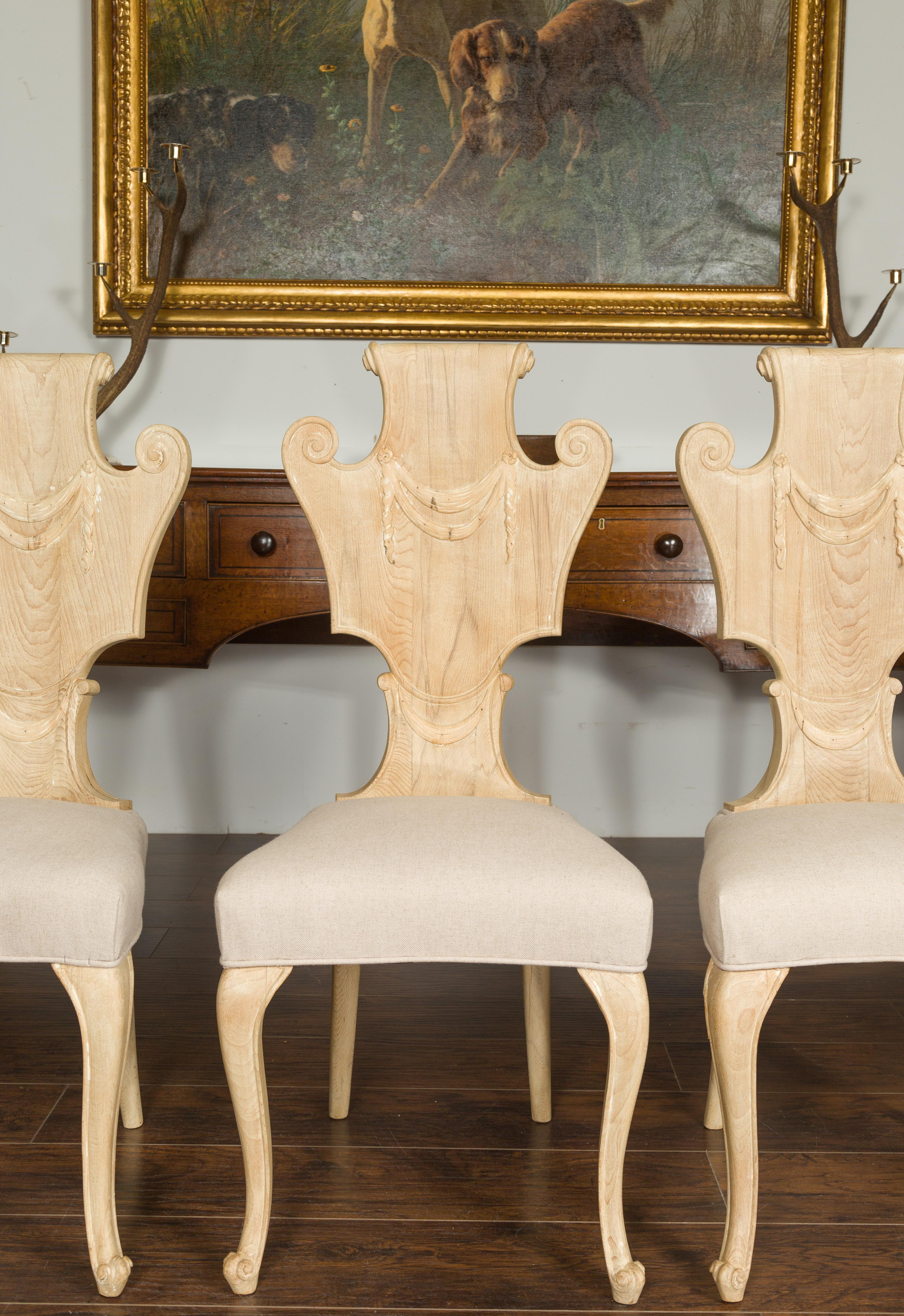20th Century Set of Six Italian Midcentury Bleached Walnut Dining Room Chairs with Scrolls For Sale
