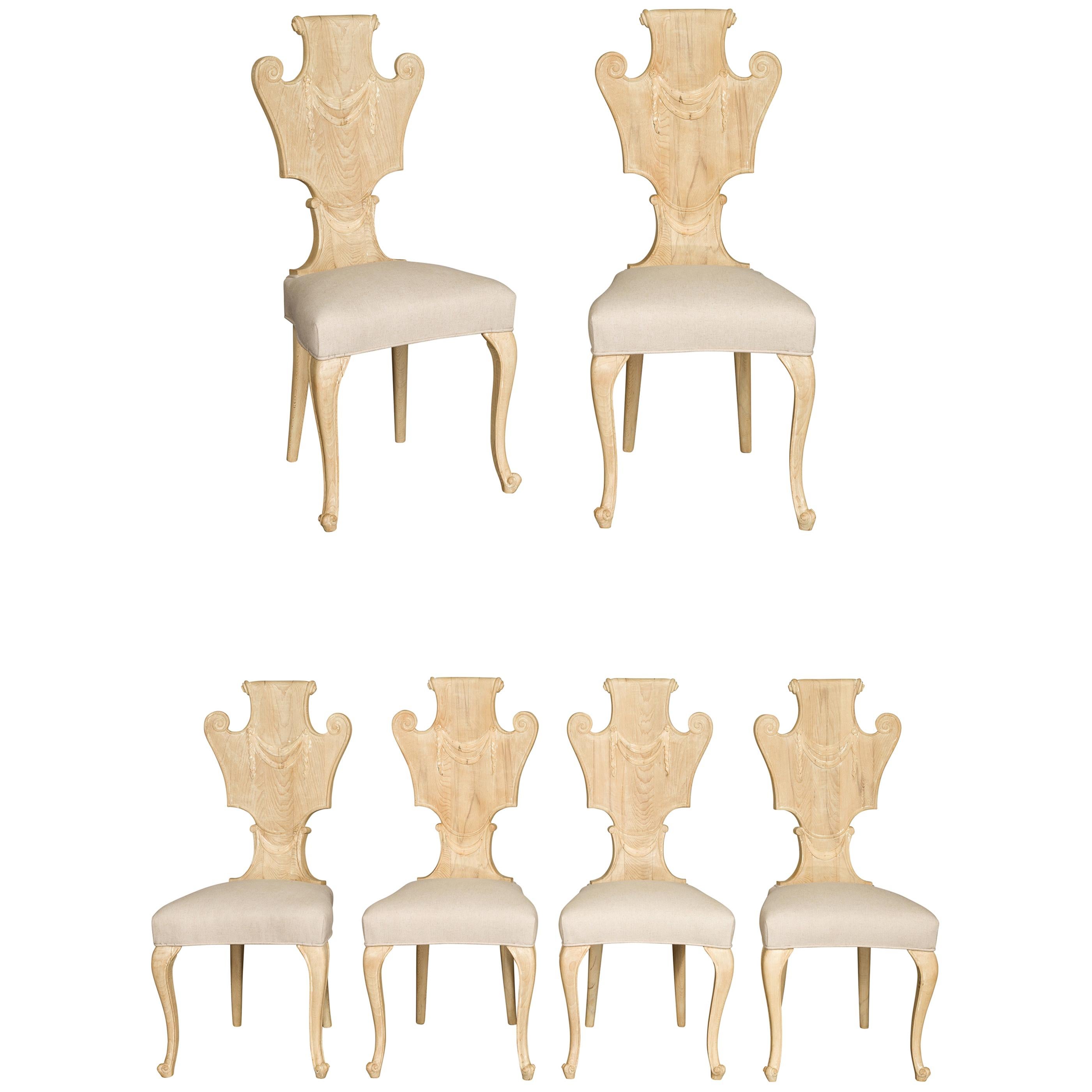 Set of Six Italian Midcentury Bleached Walnut Dining Room Chairs with Scrolls For Sale