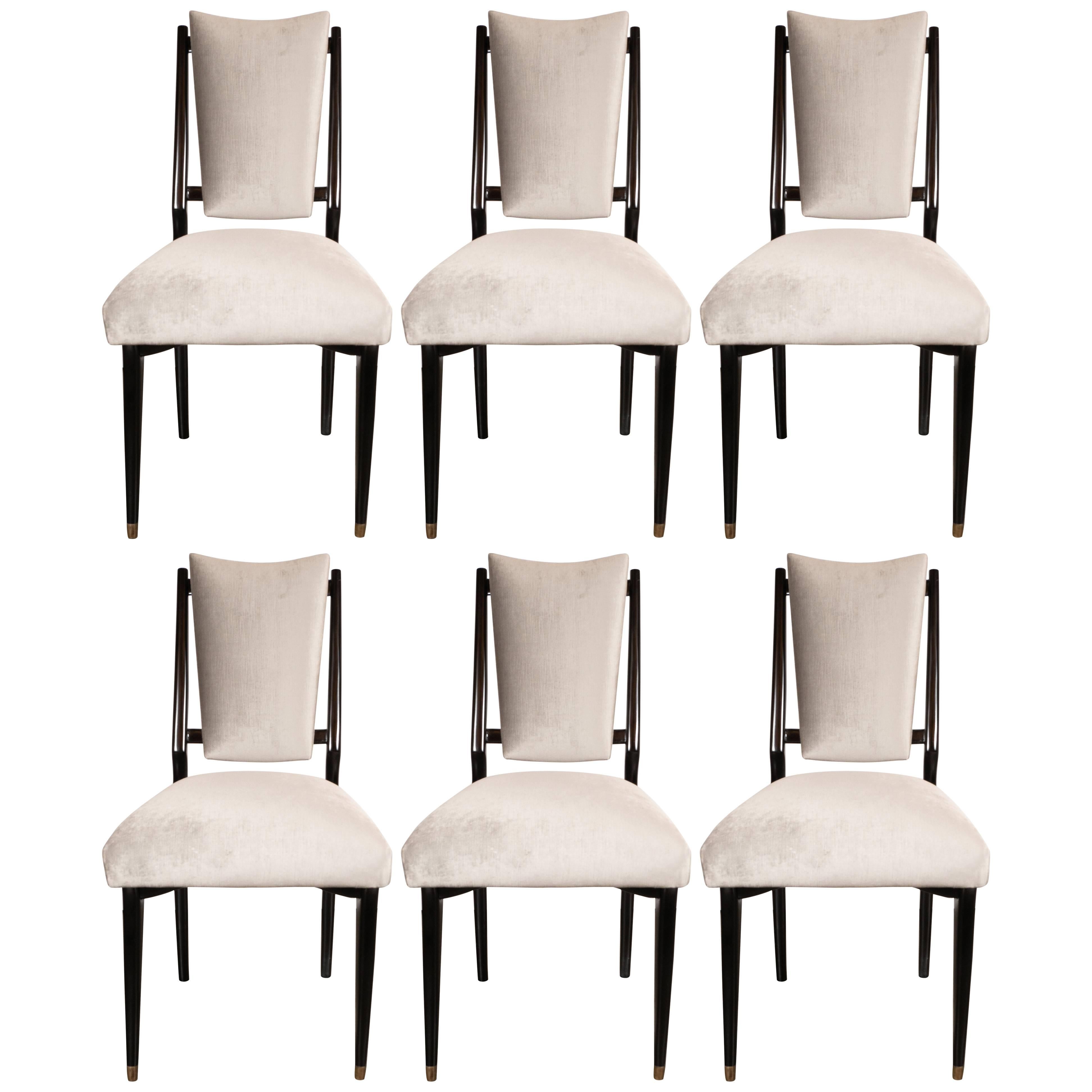 Set of Six Italian Midcentury Dining Chairs in Ebonized Walnut & Platinum Velvet