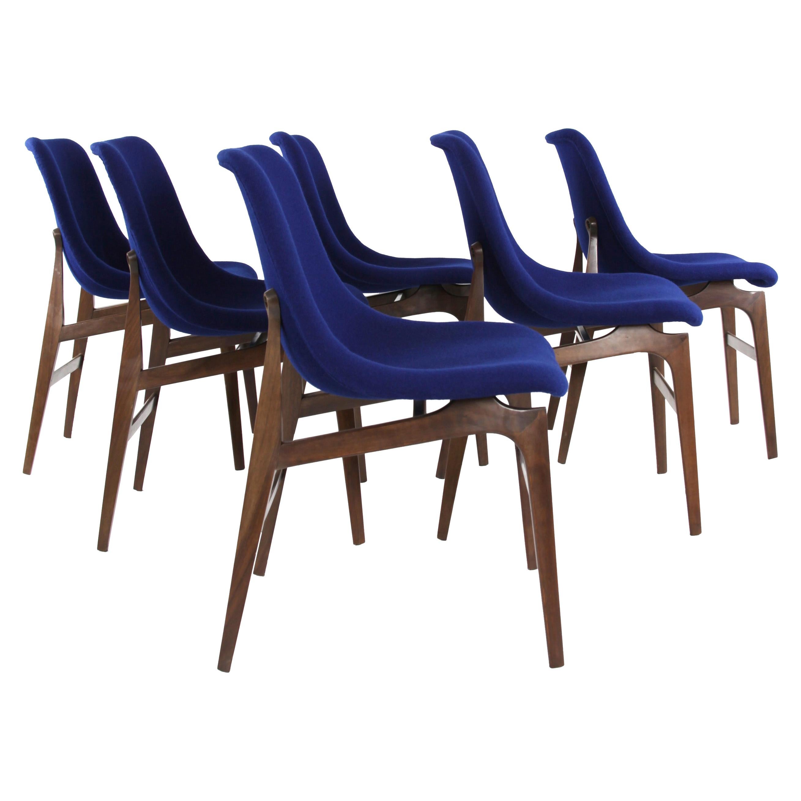 Set of Six "Vittorio Dassi" blue Dining Chairs, Italy 1950s