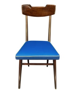 Set Of Six Italian Midcentury Dining Chairs With Blue Silk Seats