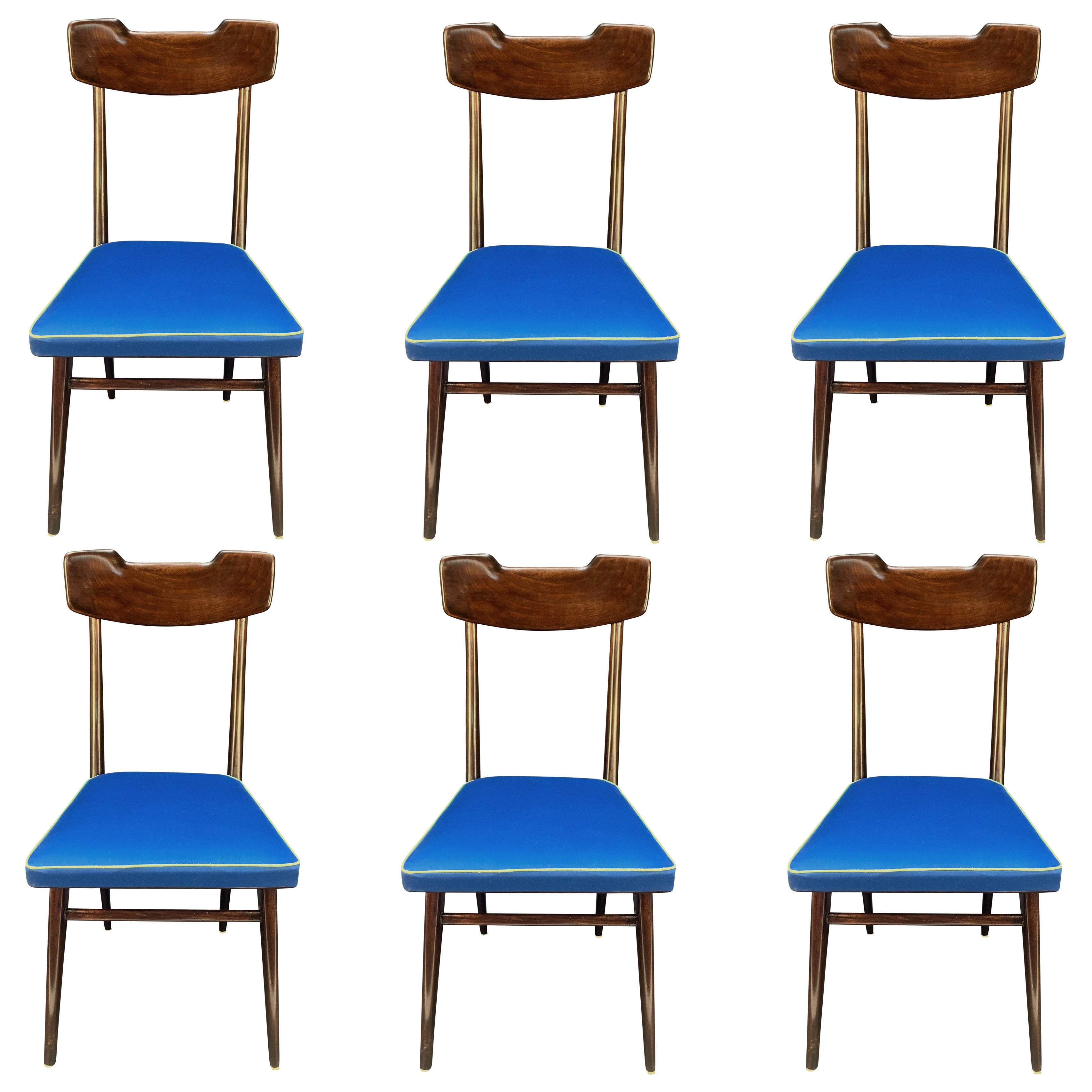 Set Of Six Italian Midcentury Dining Chairs With Blue Silk Seats