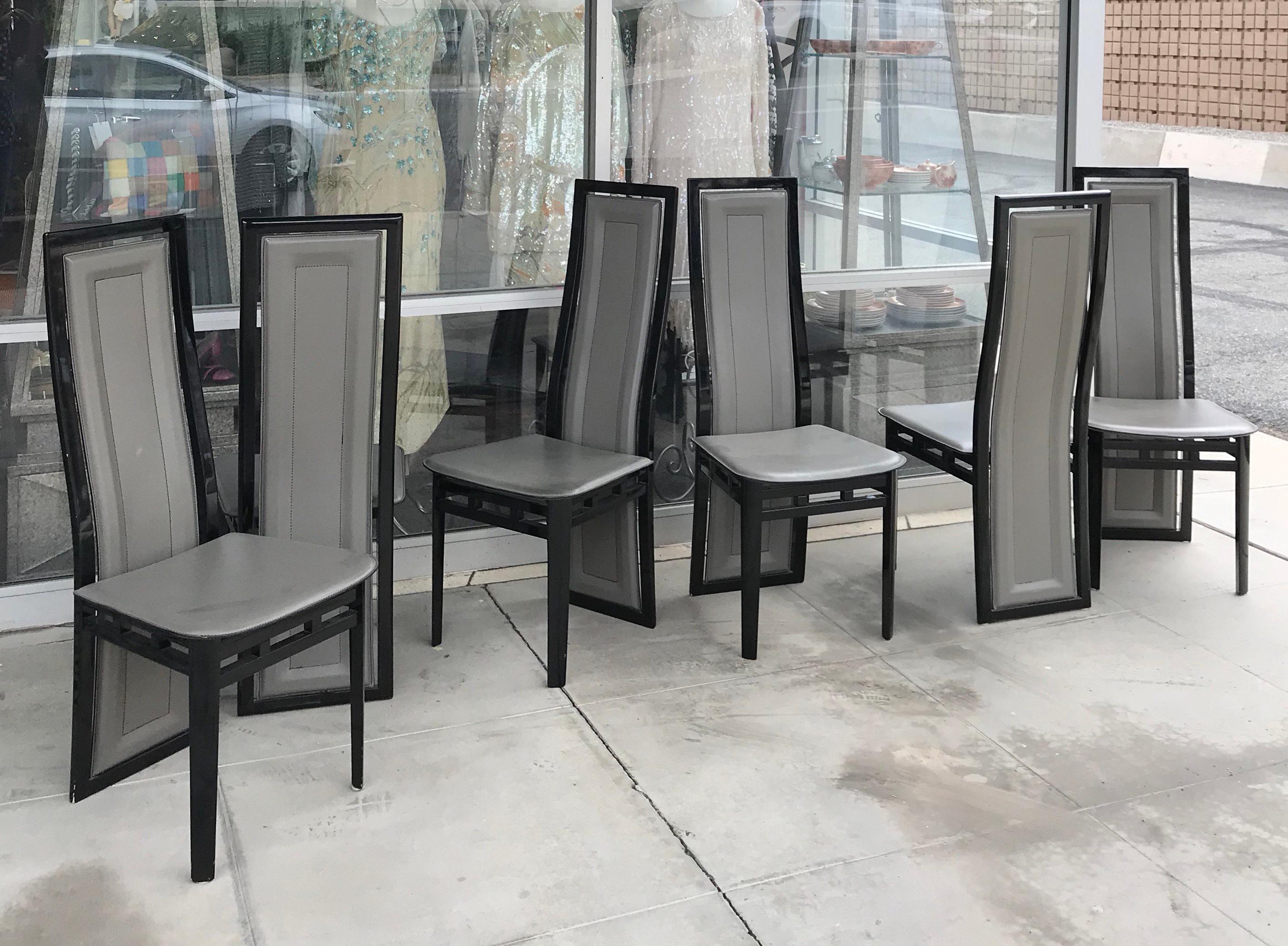 Lacquered Set of Six Italian Modern Black Lacquer and Grey Leather Dining Chairs