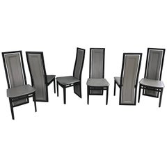 Set of Six Italian Modern Black Lacquer and Grey Leather Dining Chairs