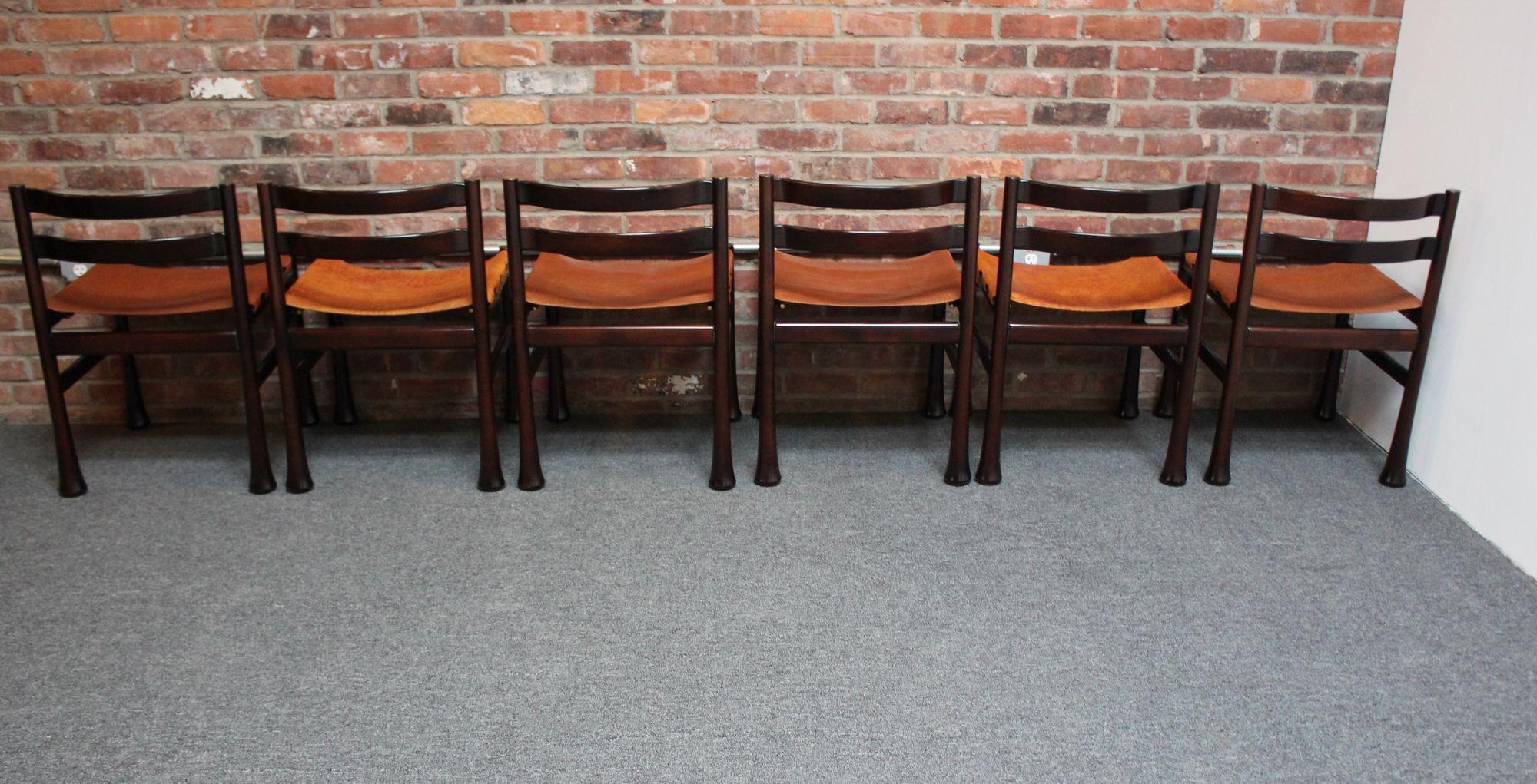 Ensemble de six chaises de salle à manger modernes italiennes en bois de rose et cuir de Luciano Frigerio en vente 12