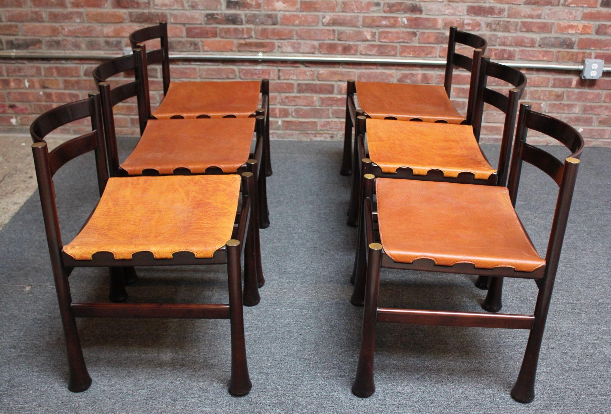 Set of Six Italian Modern Rosewood and Leather Dining Chairs by Luciano Frigerio In Good Condition For Sale In Brooklyn, NY