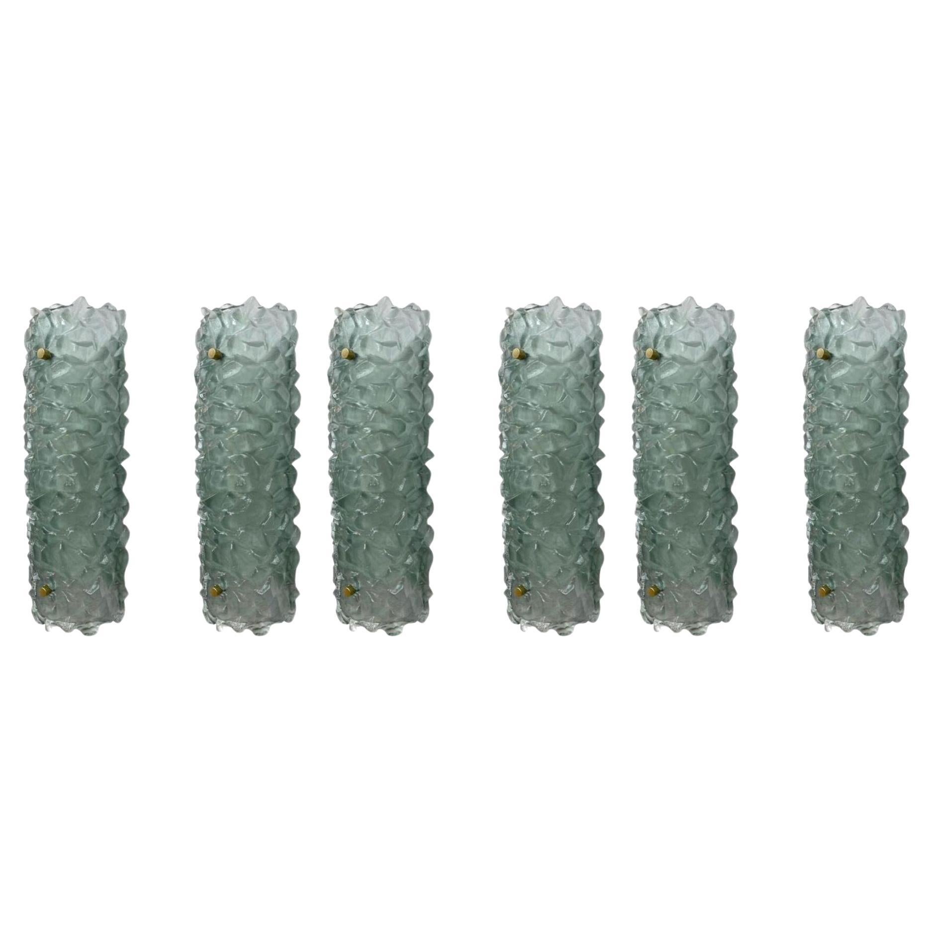 Conjunto de seis apliques modernos italianos de Murano verde texturizado, años 80.