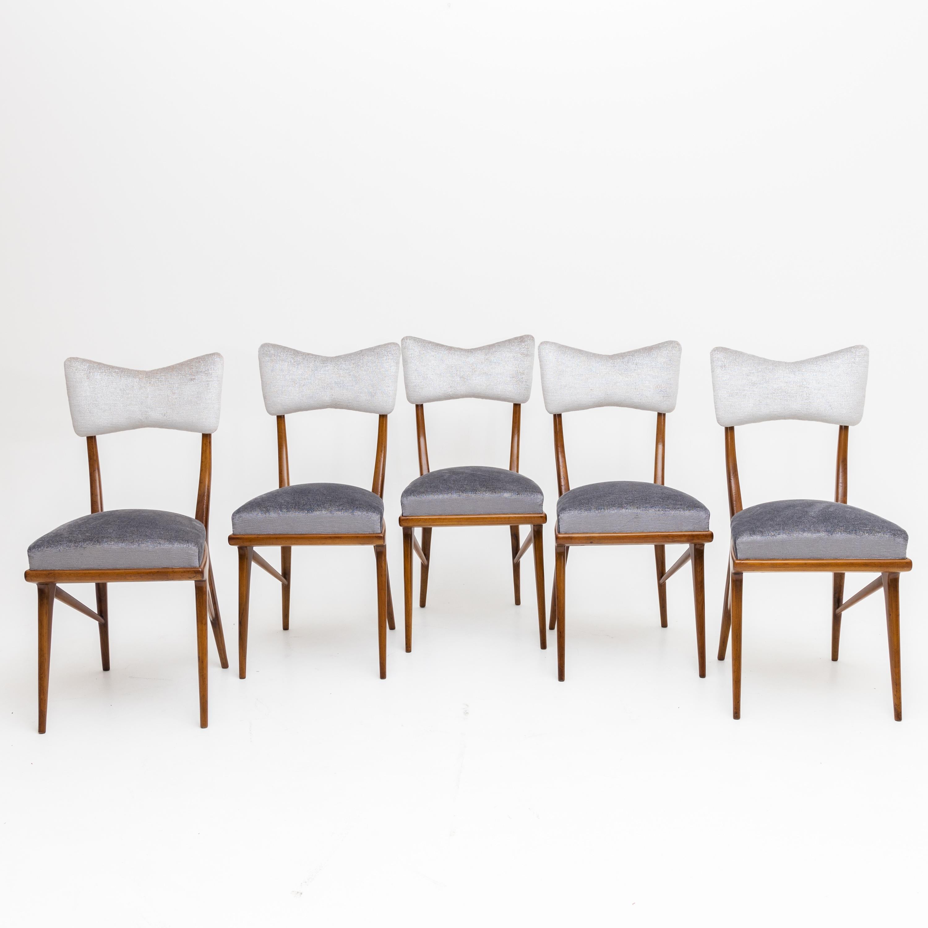 Set of six stylish Italian Modernist dining chairs. 
Cherrywood frames with upholstered seats and backs.