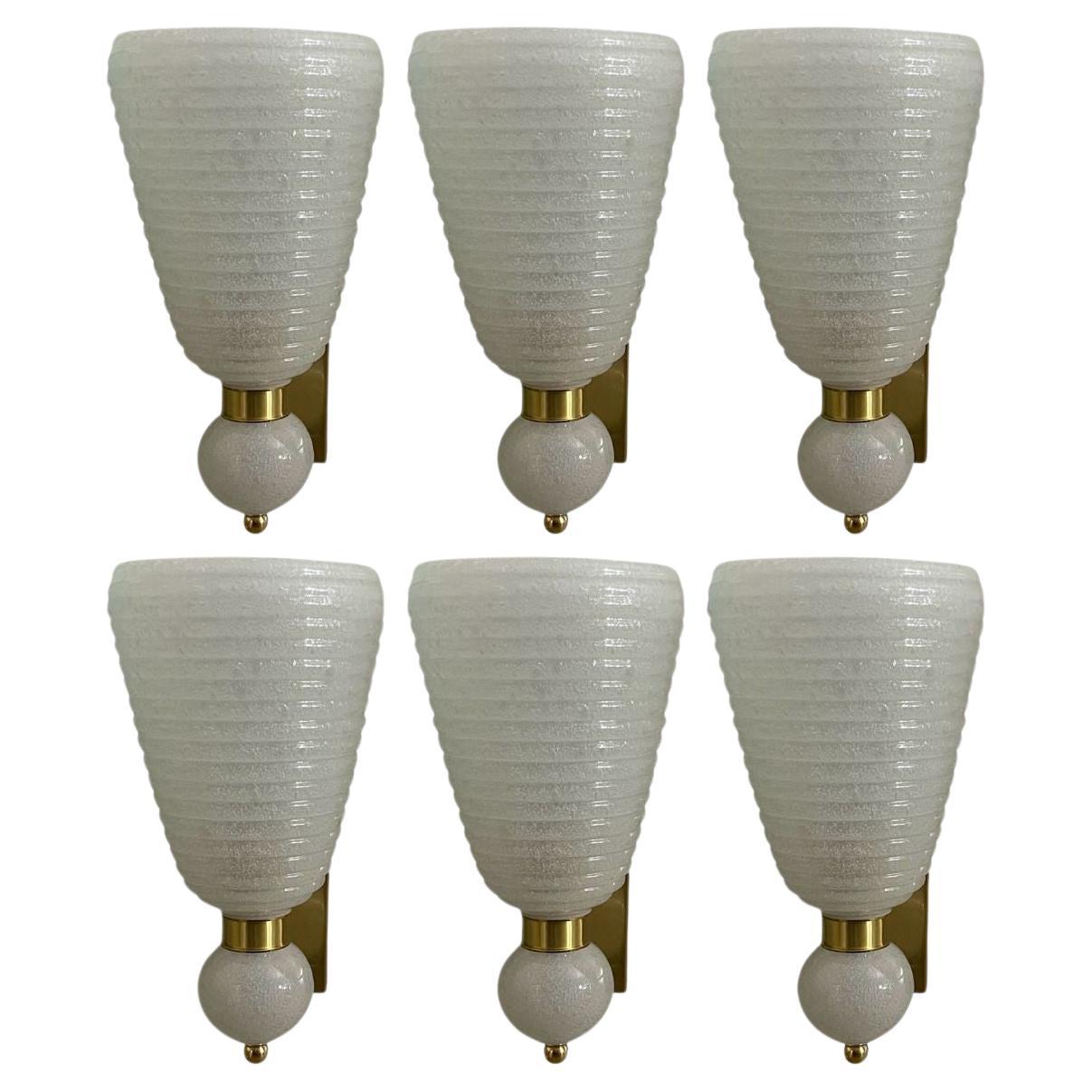 Set of Six Italian Modernist Murano Glass Sconces w/ White Gold Flecks – 21st C.