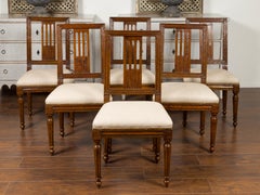 Set of Six Italian Oak Dining Room Side Chairs with Fluted Legs, circa 1870