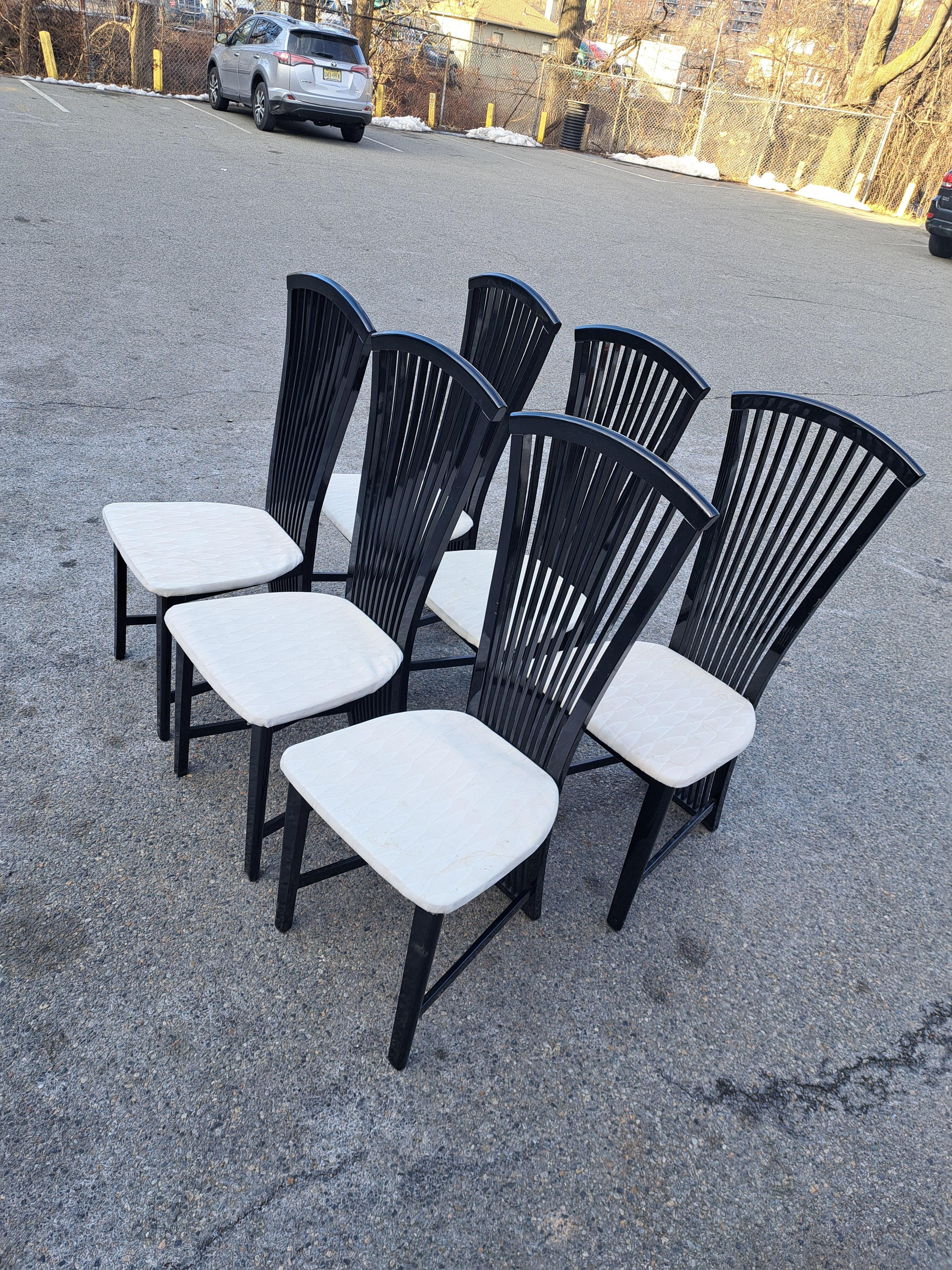 Set of six Pietro Costantini style black lacquer tall dining chairs. Made in Italy