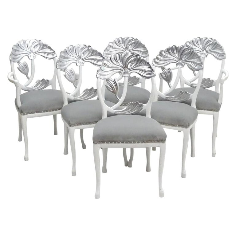 Set of Six Italian Polychrome Carved Dining Chairs For Sale at 1stDibs