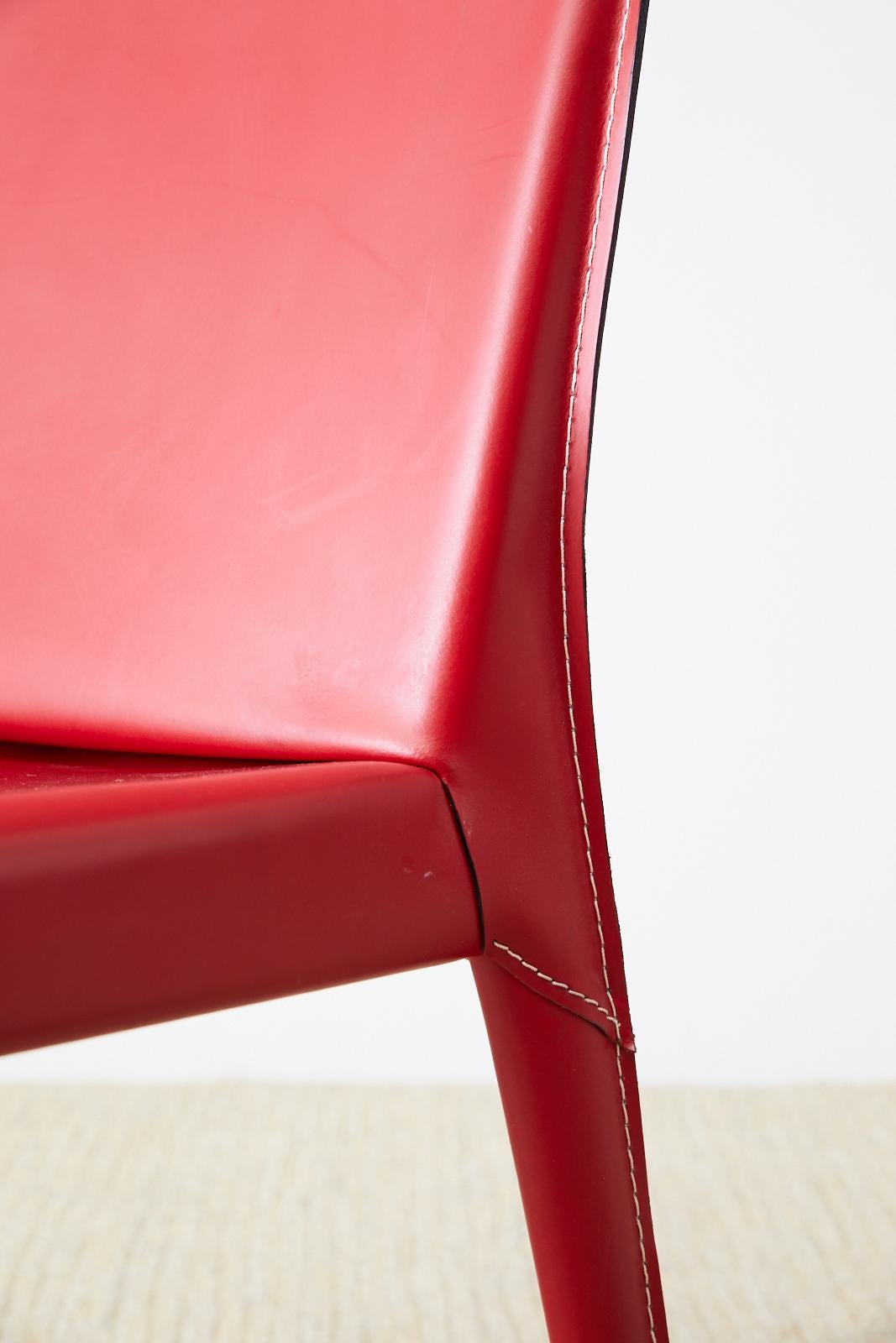 Metal Set of Six Italian Red Leather Wrapped Dining Chairs