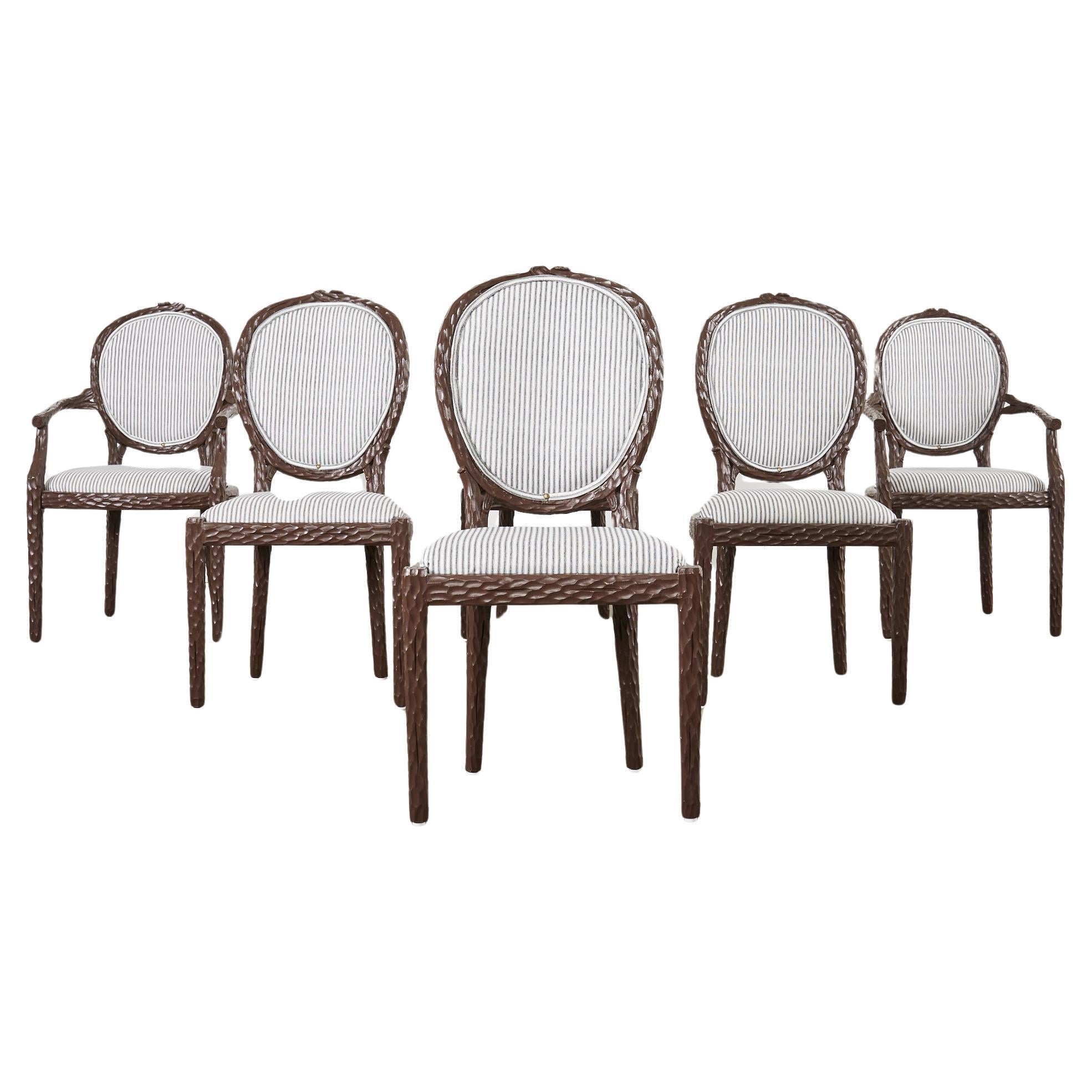 Set of Six Italian Regency Faux Bois Dining Chairs For Sale