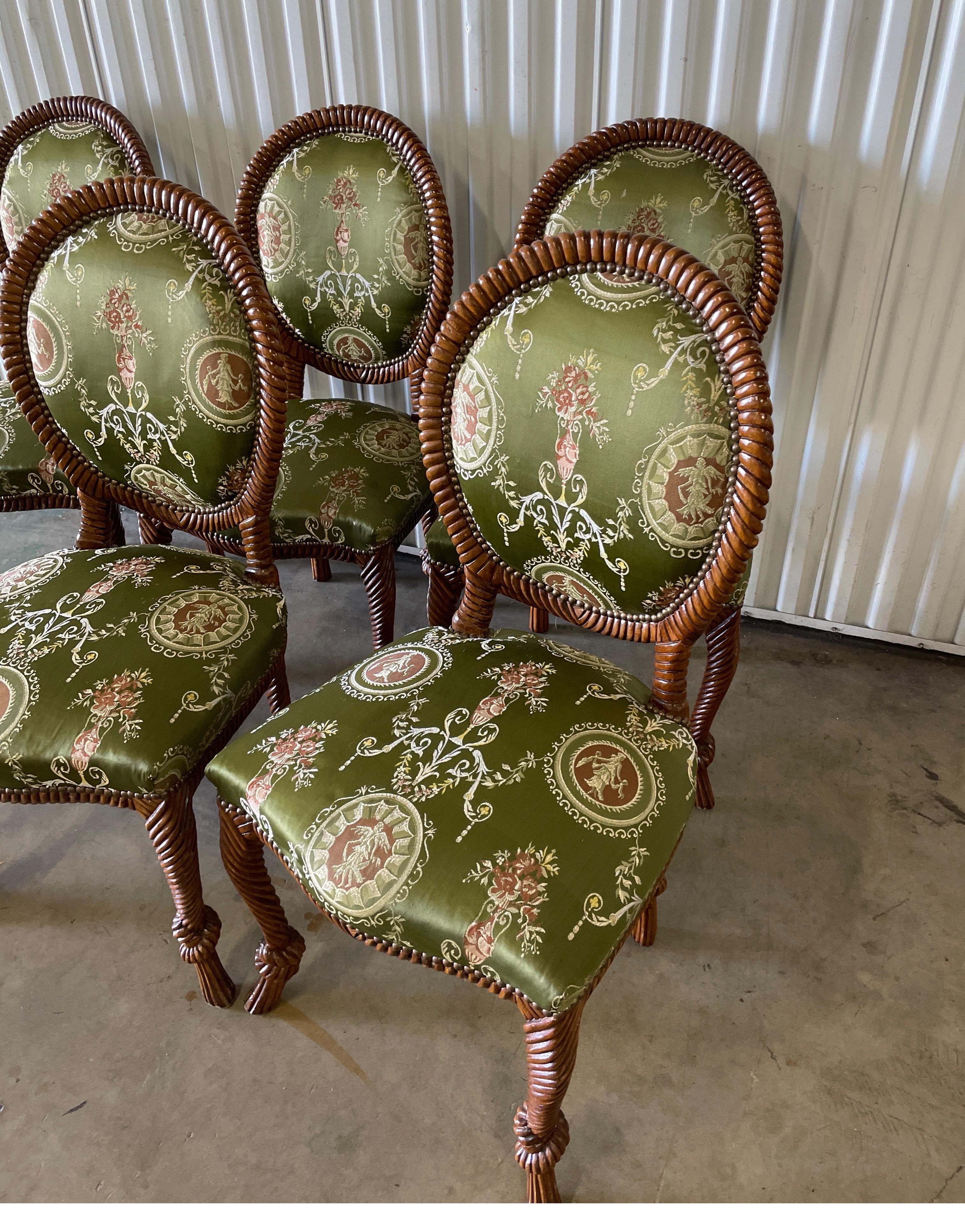Hollywood Regency Set of Six Italian Rope & Tassel Dining Room Side Chairs For Sale