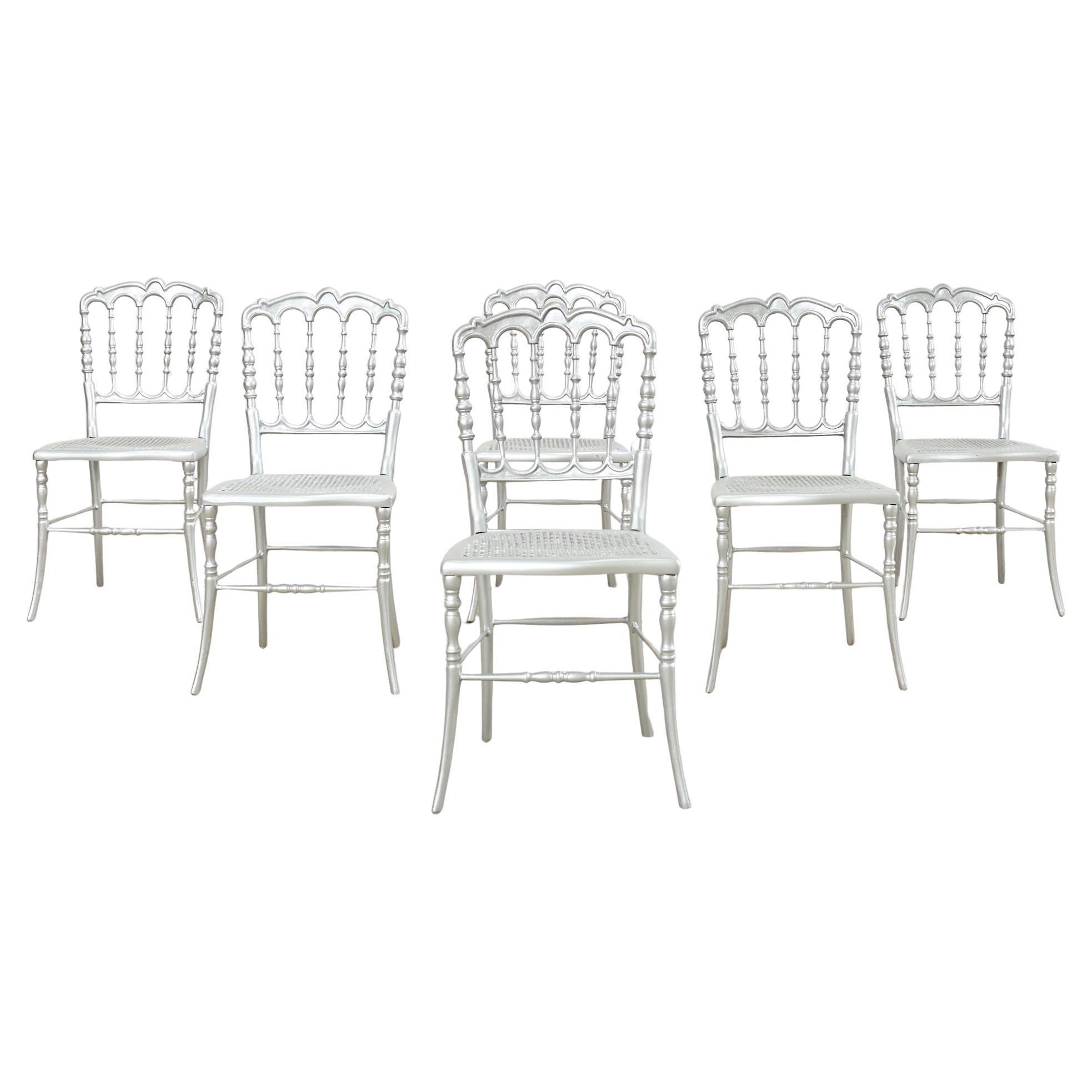 Set di sei sedie da pranzo italiane in ferro argentato Chiavari
