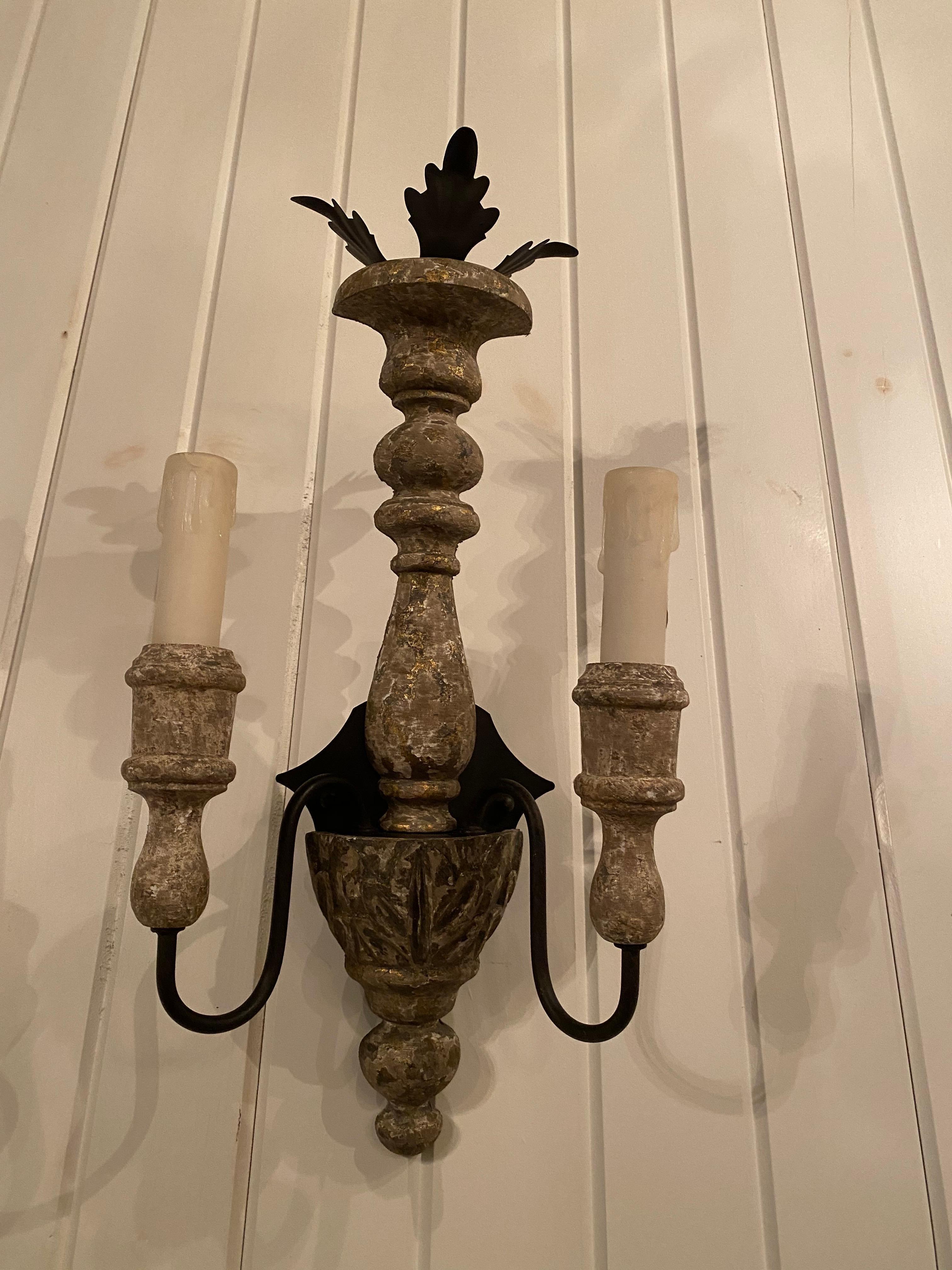 Unknown Set of Six Italian Style Carved Wood and Iron Two-Arm Sconces For Sale