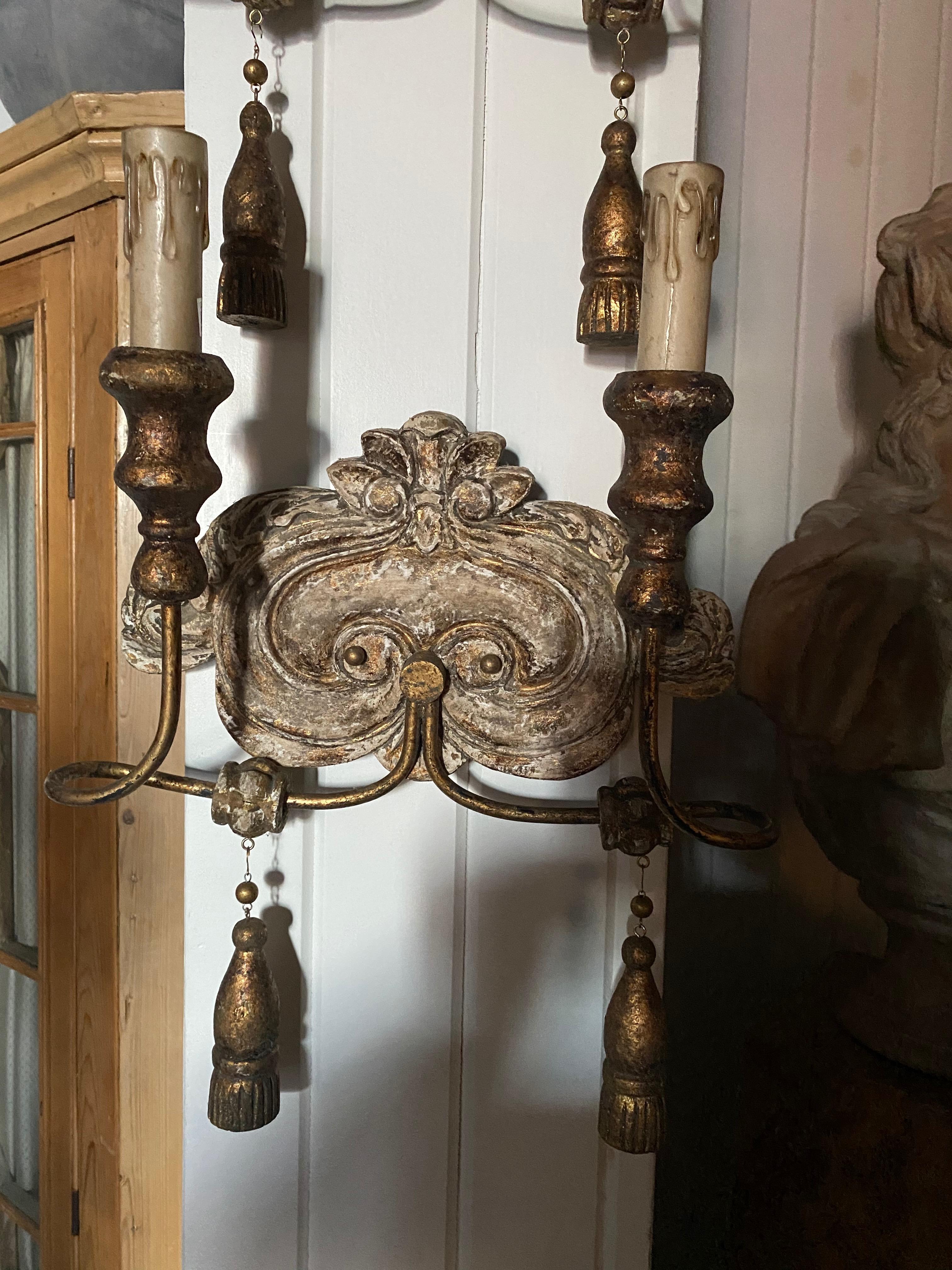 Metal Set of Six Italian Style Tole and Carved Wood Two-Arm Sconces with Wood Drops For Sale