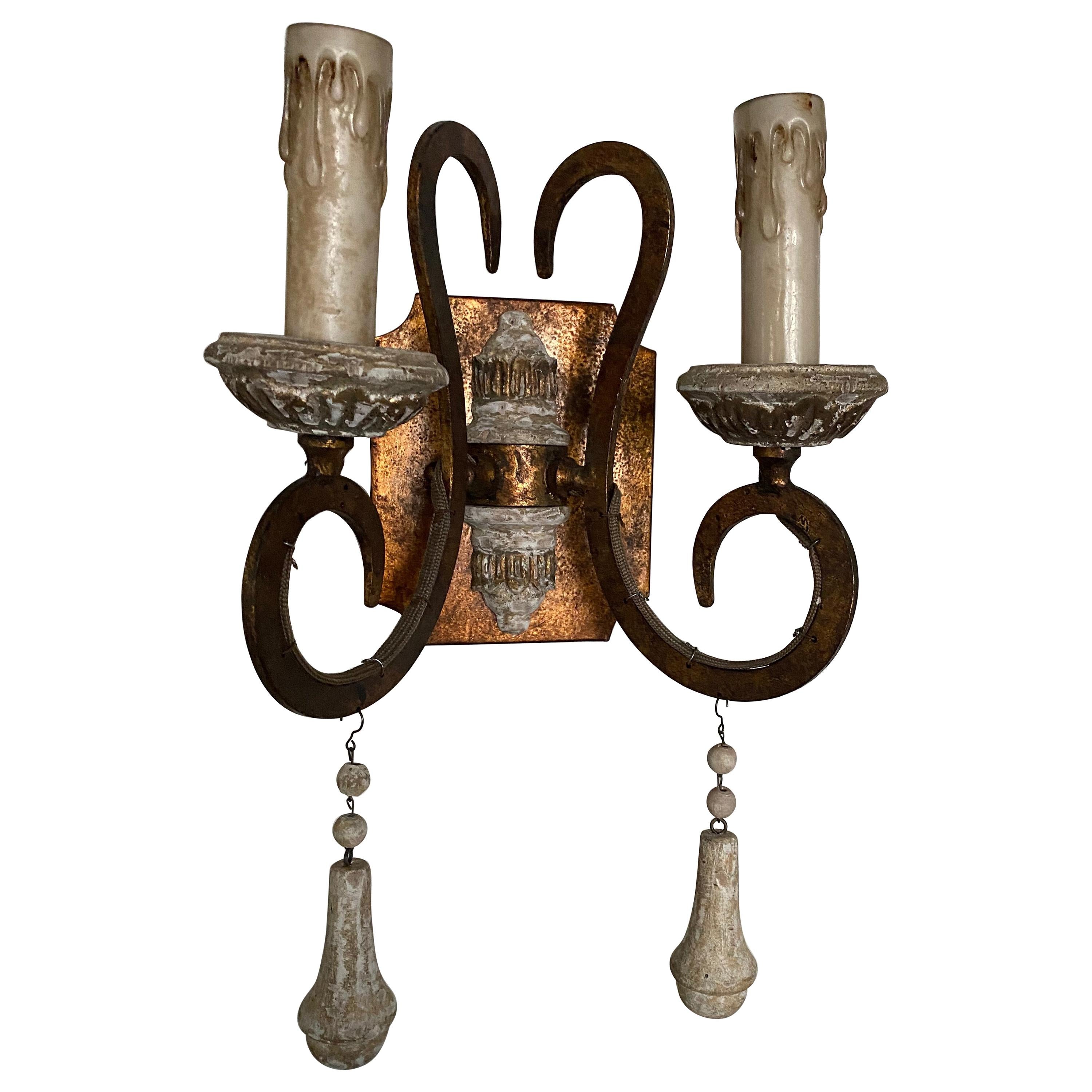 Set of Six Italian Style Tole and Carved Wood Two-Arm Sconces with Wood Drops For Sale