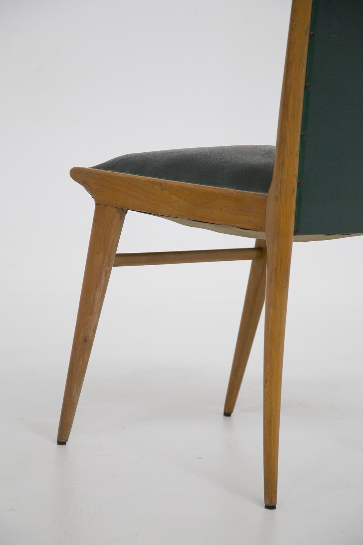 Set of Six Italian Vintage Chairs in Wood and Dark Green Leather For Sale 5