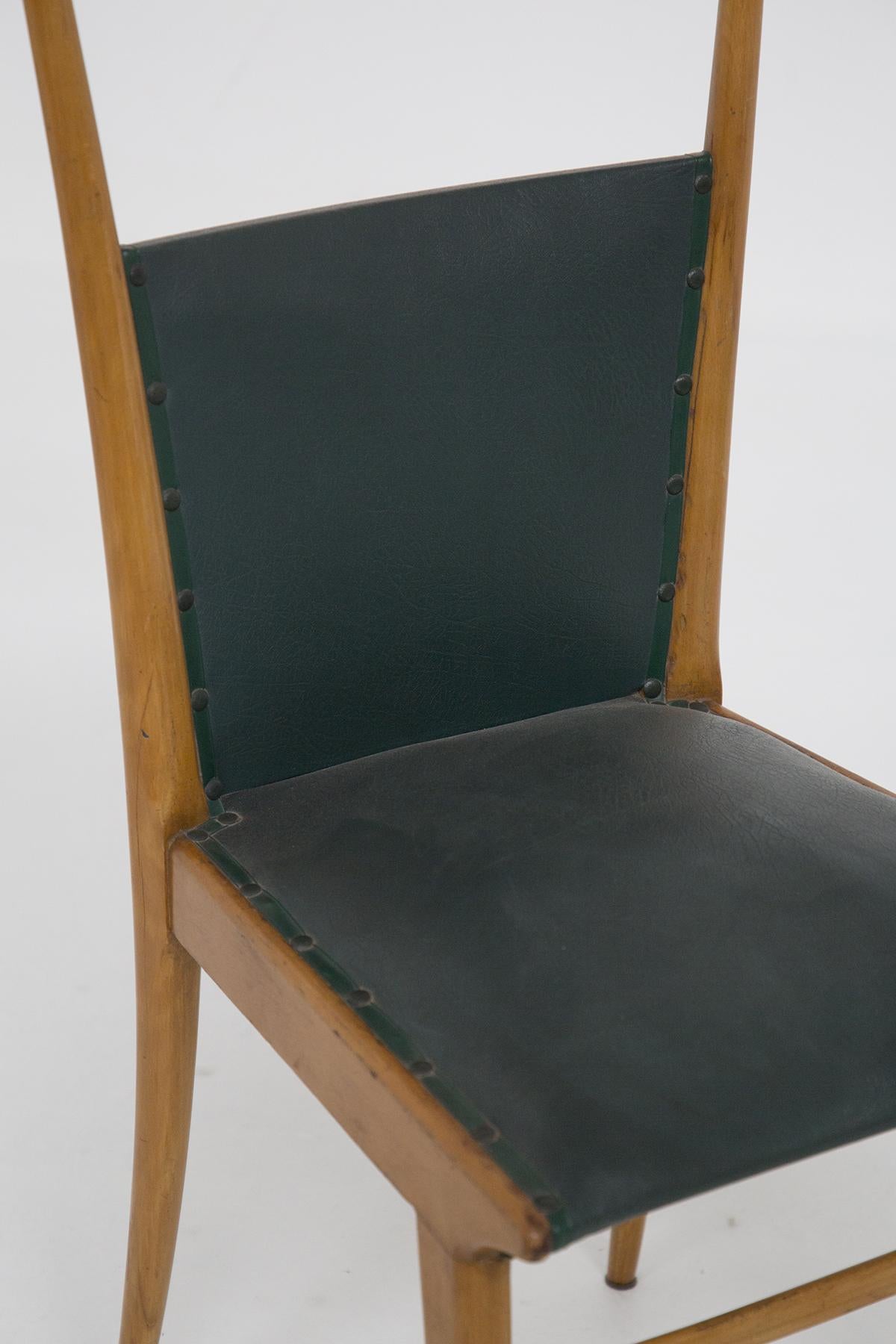 Set of Six Italian Vintage Chairs in Wood and Dark Green Leather For Sale 6