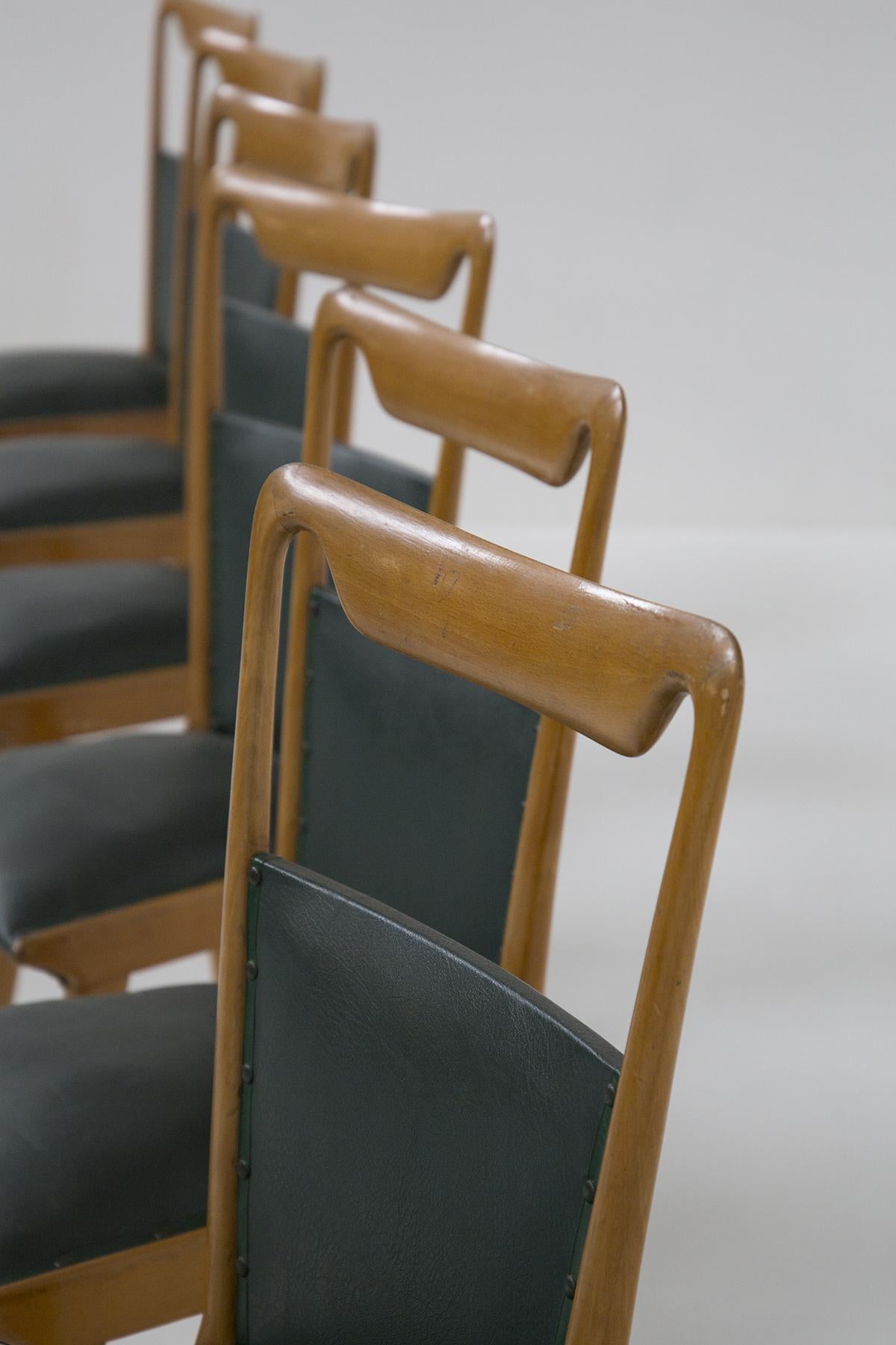 Set of Six Italian Vintage Chairs in Wood and Dark Green Leather For Sale 7