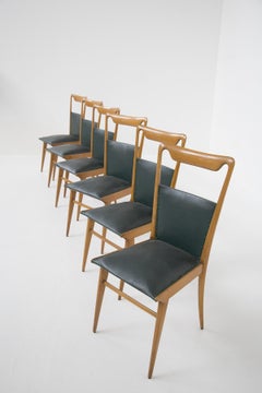 Set of Six Italian Vintage Chairs in Wood and Dark Green Leather