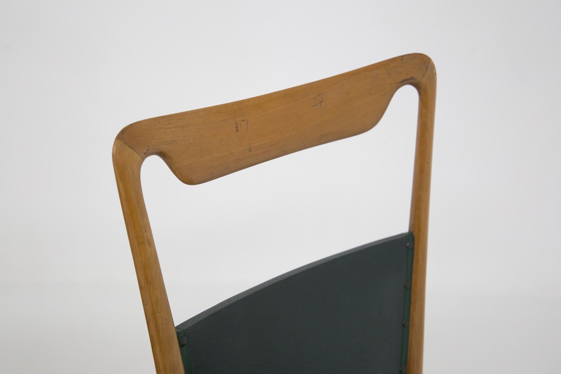 Mid-20th Century Set of Six Italian Vintage Chairs in Wood and Dark Green Leather For Sale