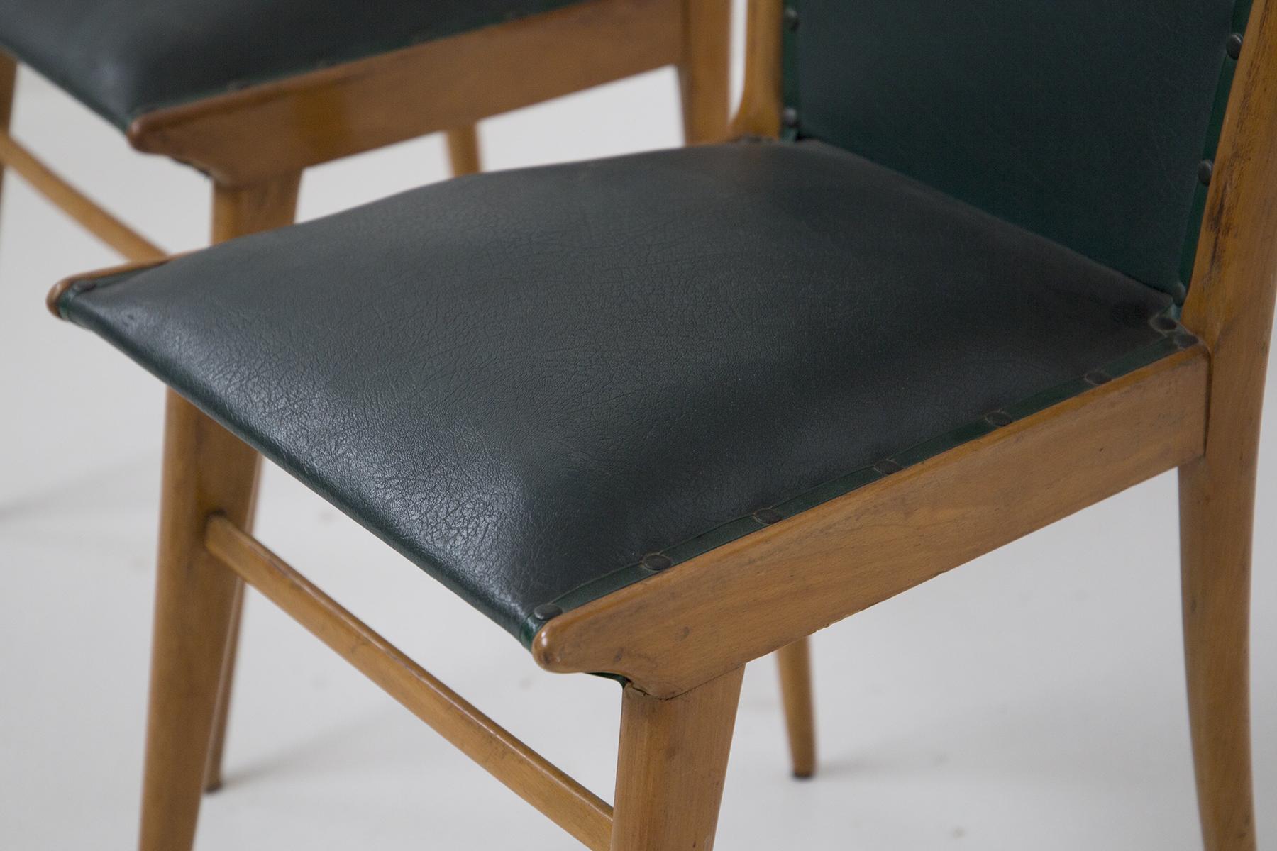 Set of Six Italian Vintage Chairs in Wood and Dark Green Leather For Sale 2