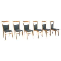 Set of Six Italian Vintage Chairs in Wood and Dark Green Leather