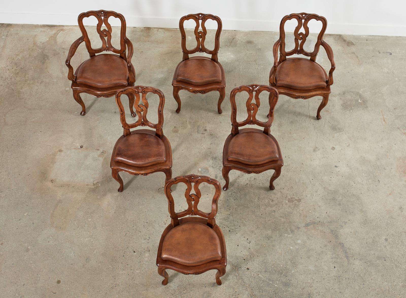 Hand-Carved Set of Six Italian Walnut Rococo Style Venetian Dining Chairs