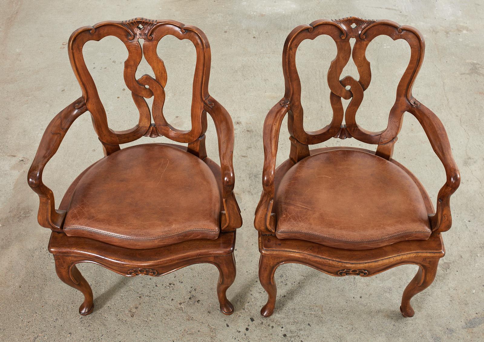Leather Set of Six Italian Walnut Rococo Style Venetian Dining Chairs