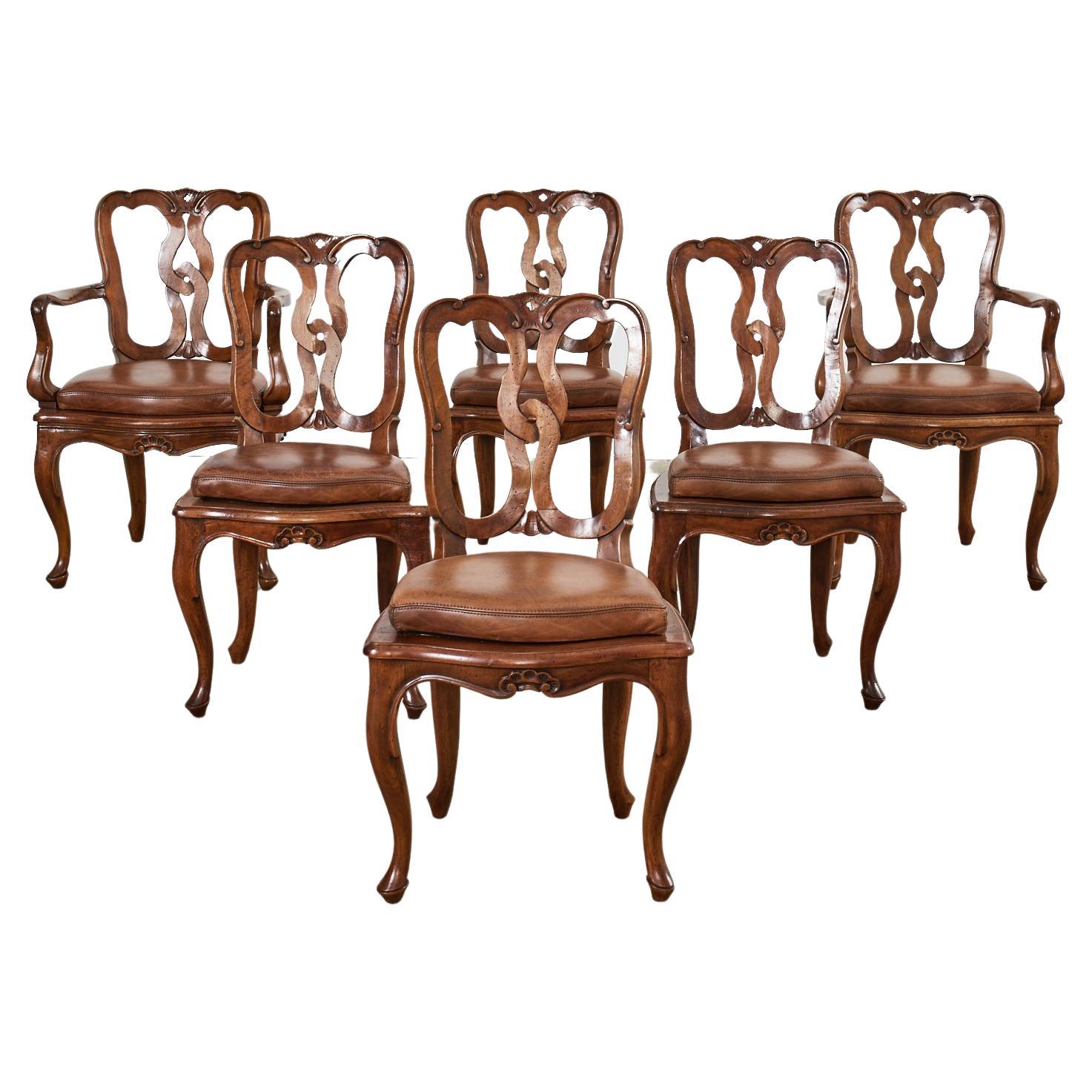 Set of Six Italian Walnut Rococo Style Venetian Dining Chairs